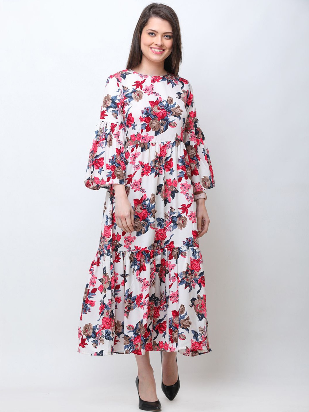 

BAESD Women Floral Printed Bell Sleeve Fit & Flare Maxi Dress, White