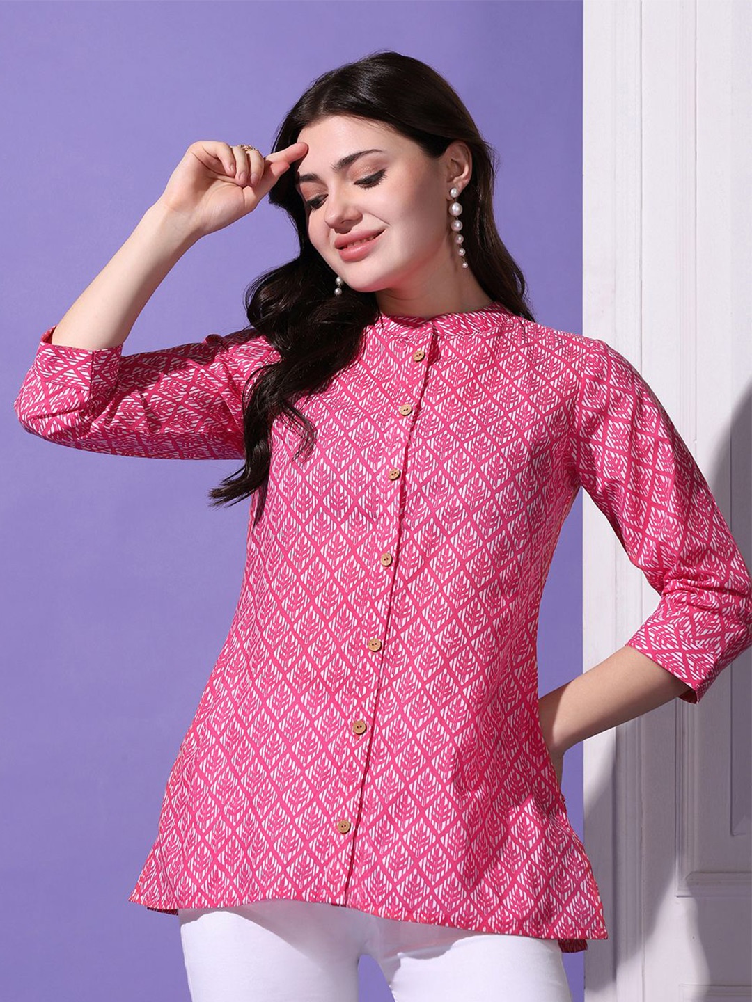 

Moda Rapido Women Mandarin Collar Floral Printed Cotton Casual Shirt, Pink