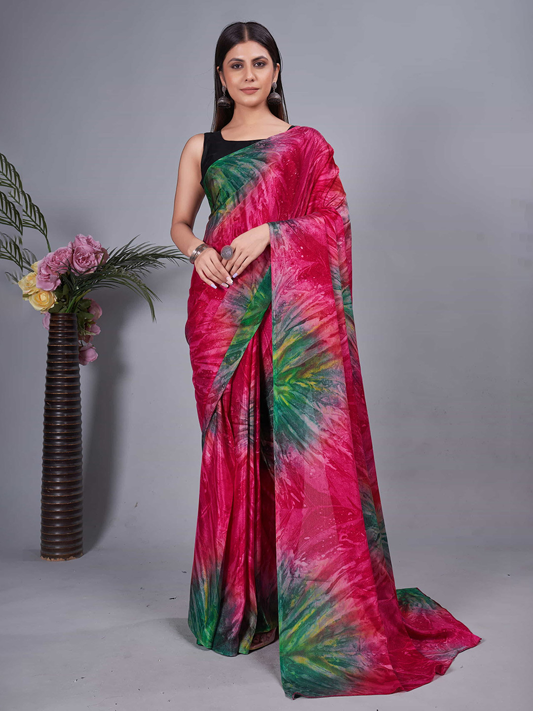 

DIVASTRI Tie and Dye Pure Chiffon Ready to Wear Saree, Pink