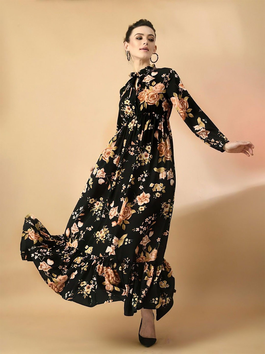 

Krunal Raiyani Floral Printed Tie-Up Neck Tiered Fit & Flare Maxi Dress, Black