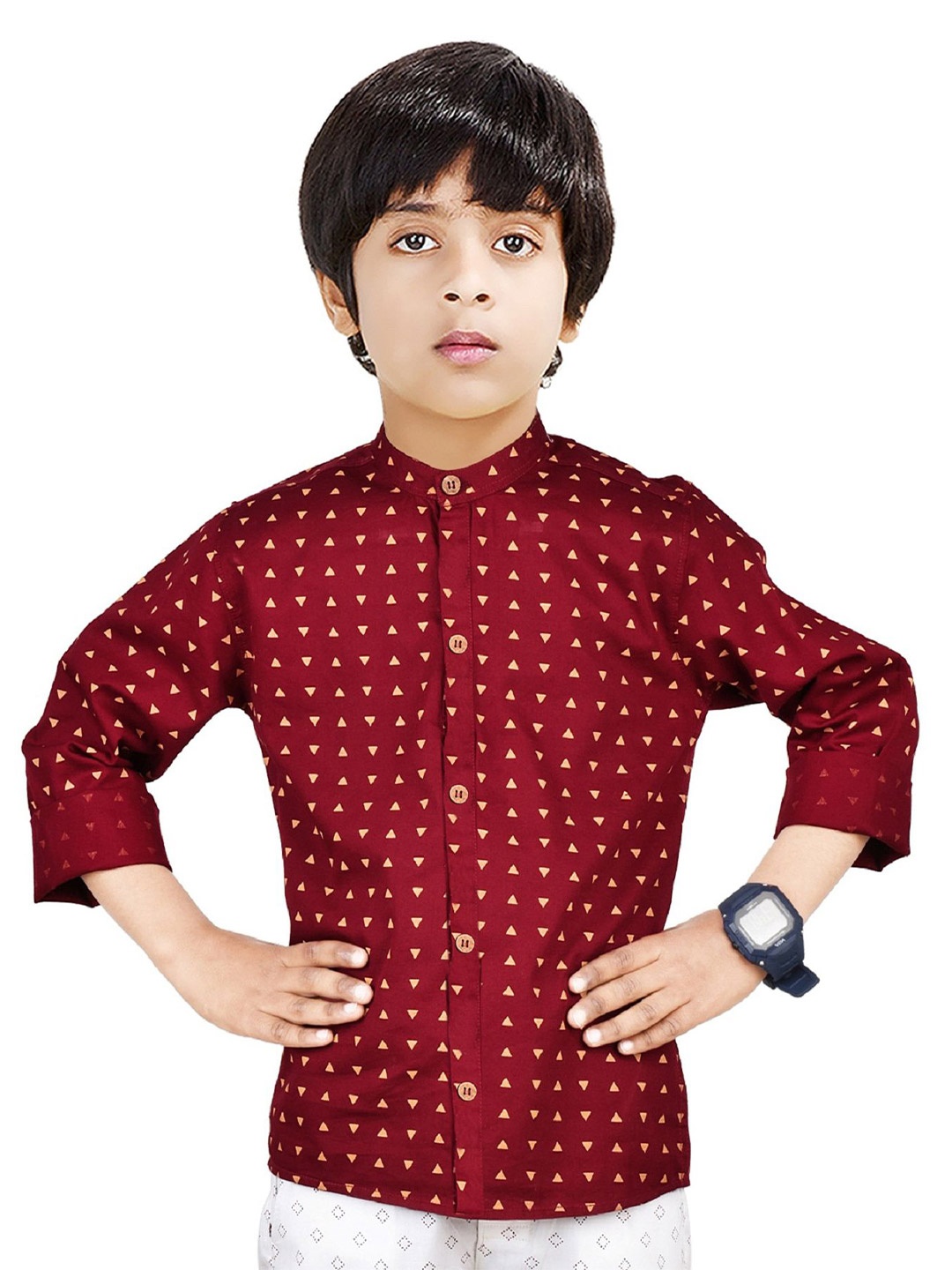 

MADE IN THE SHADE Boys Band Collar Geometric Printed Cotton Casual Shirt, Red