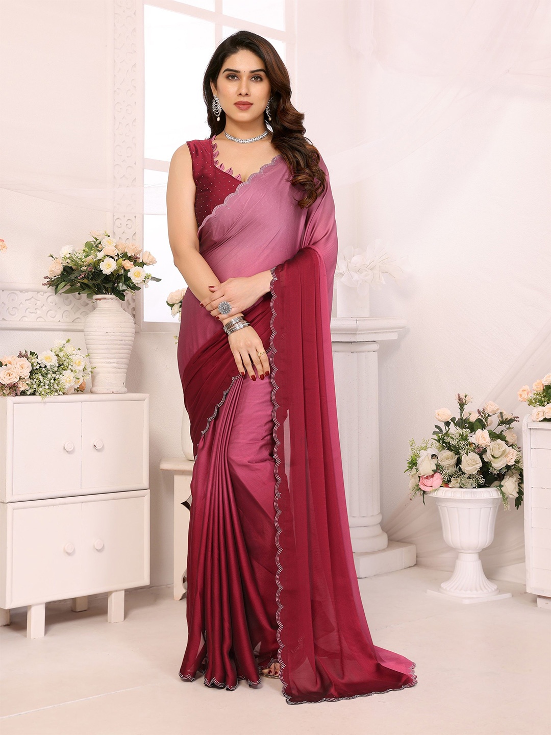 

The Textile Hub Beads and Stones Pure Silk Saree, Red