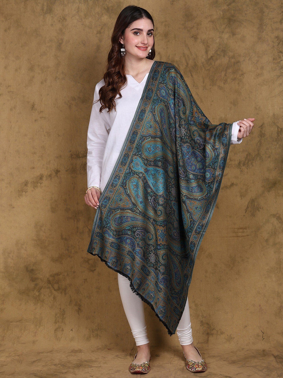 

Exotic India Reversible Jamawar Stole with Woven Flowers and Paisleys, Blue
