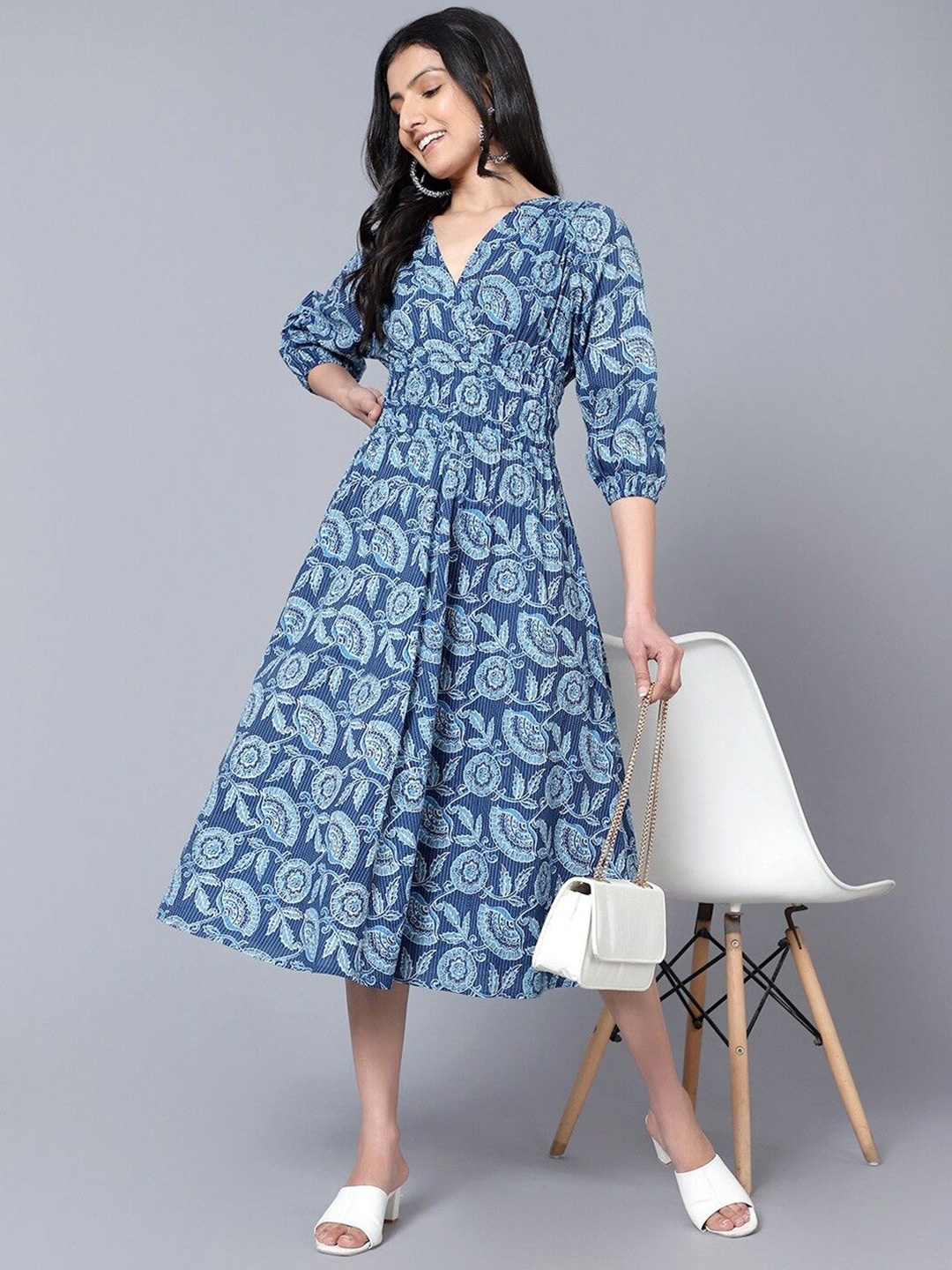 

Krunal Raiyani Floral Print Applique Crepe Fit & Flare Maxi Dress, Blue