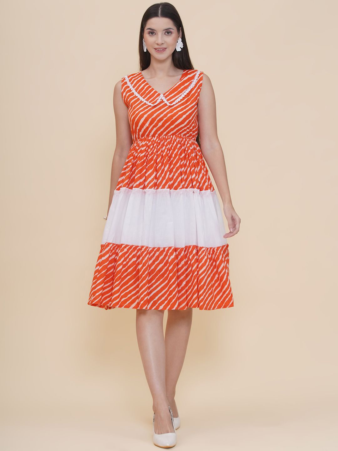 

Modish Couture Women Striped V-Neck Cotton Fit & Flare Dress, Orange
