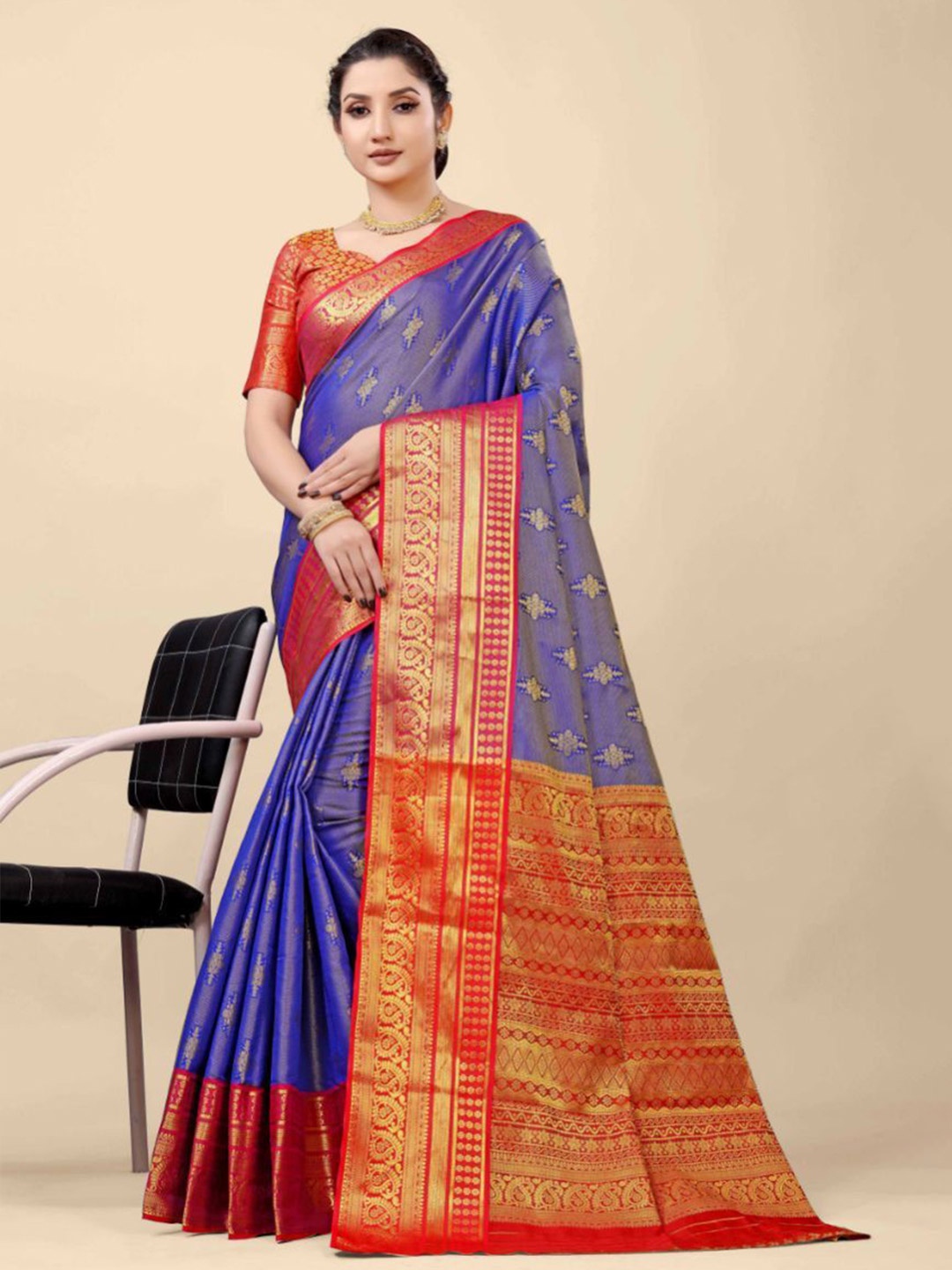 

ZIBLON Woven Design Zari Pure Silk Kanjeevaram Saree, Navy blue
