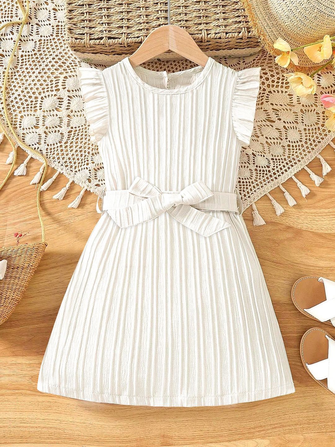 

OMPAX Girls Round Neck Flutter Sleeve A-Line Dress, White