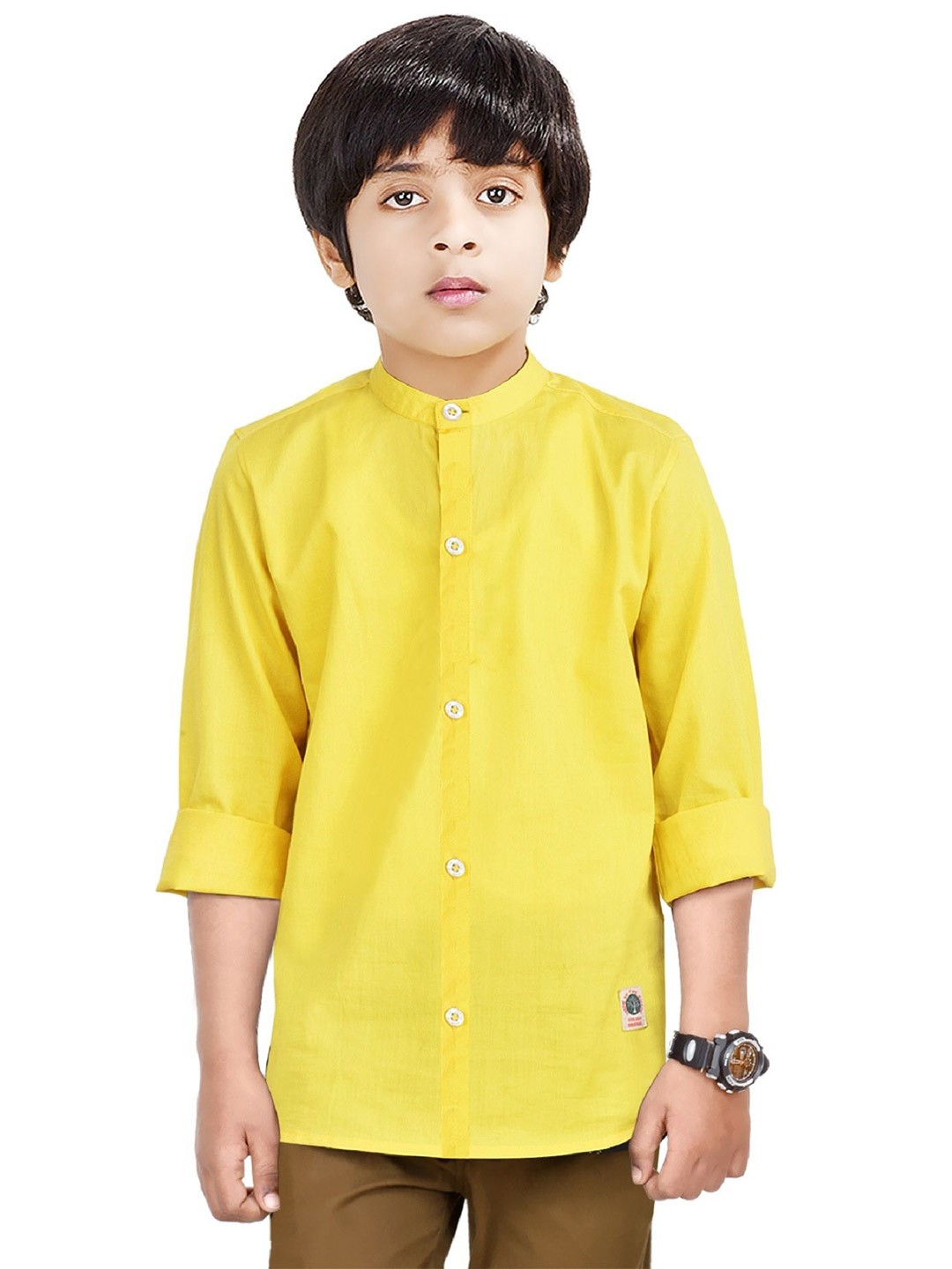 

MADE IN THE SHADE Boys Band Collar Solid Cotton Casual Shirt, Yellow