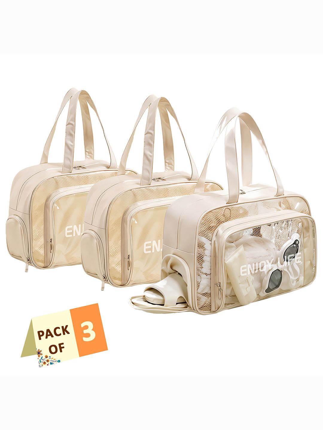 

Kuber Industries Set Of 3 Beige Makeup Organizer Pouch With Zip & Handle