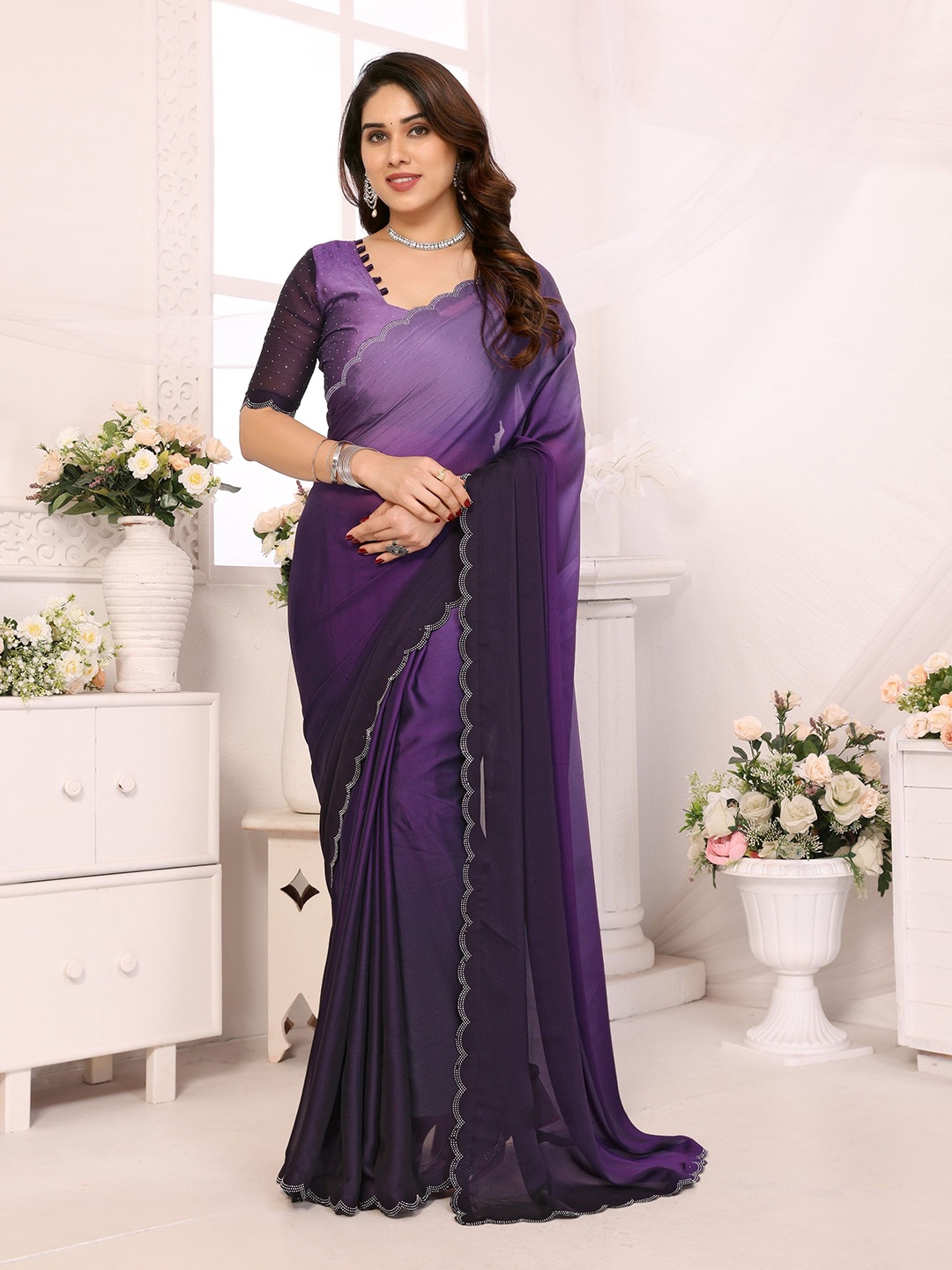 

Ambuja International Ombre Embellished Beads and Stones Pure Silk Saree, Purple