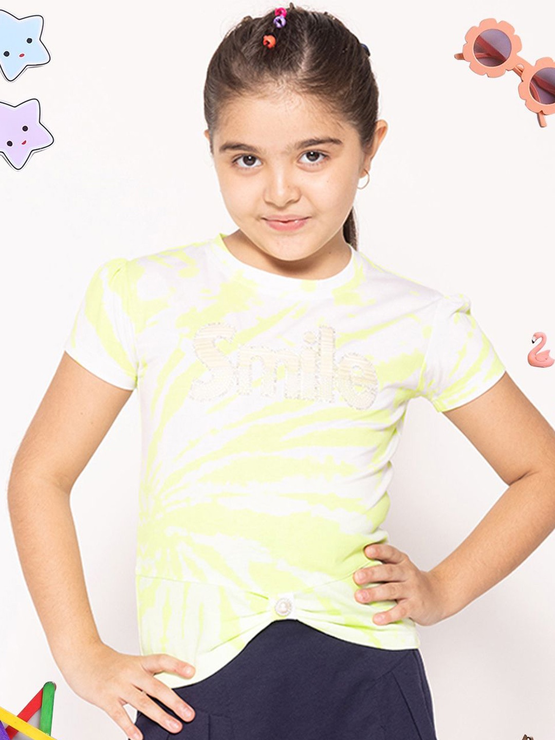 

PAMPOLINA Girls Typography Printed Cotton Top, Green