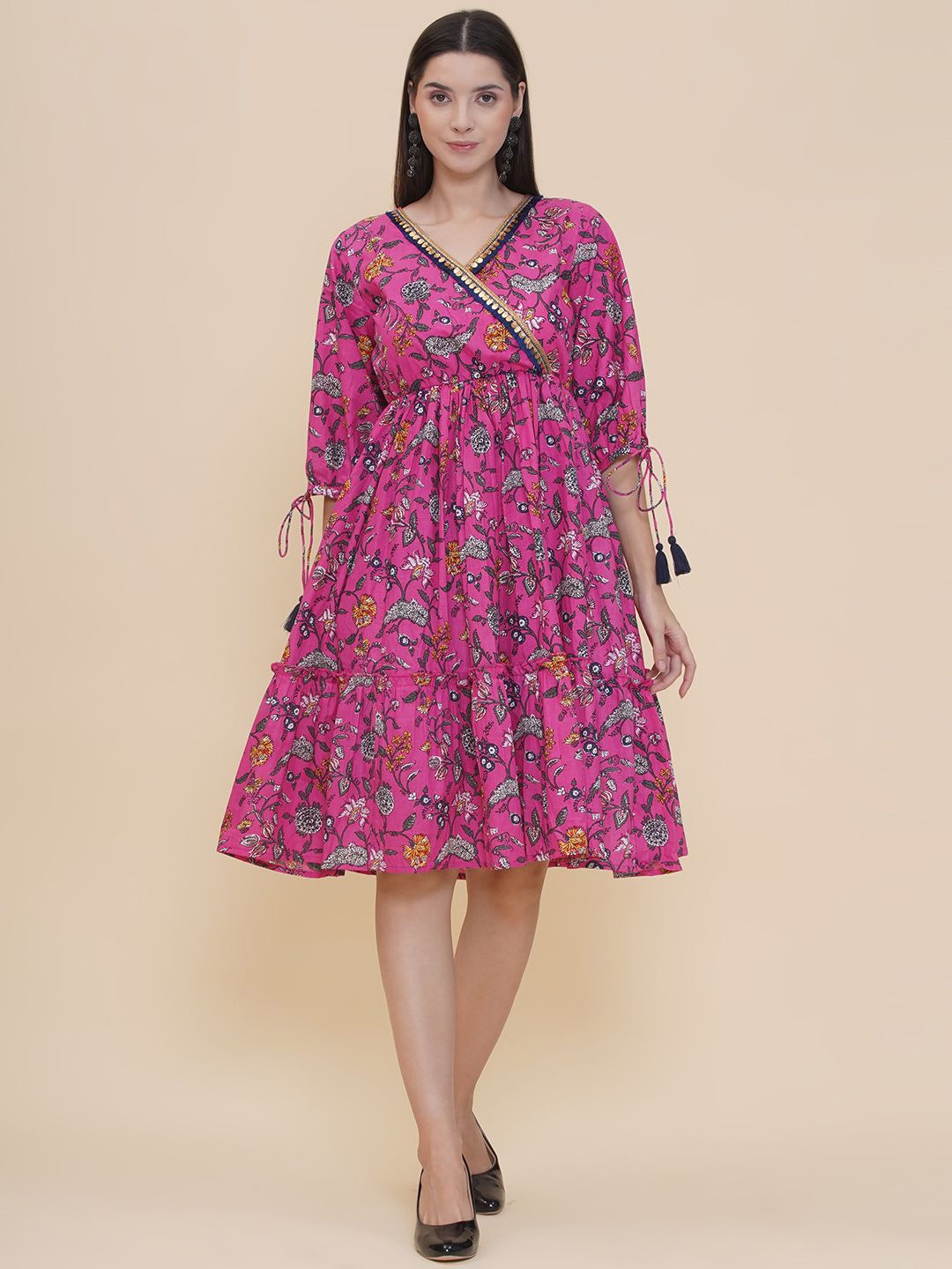 

Modish Couture Women Ethnic Motifs Printed Puff Sleeve Fit & Flare Dress, Pink