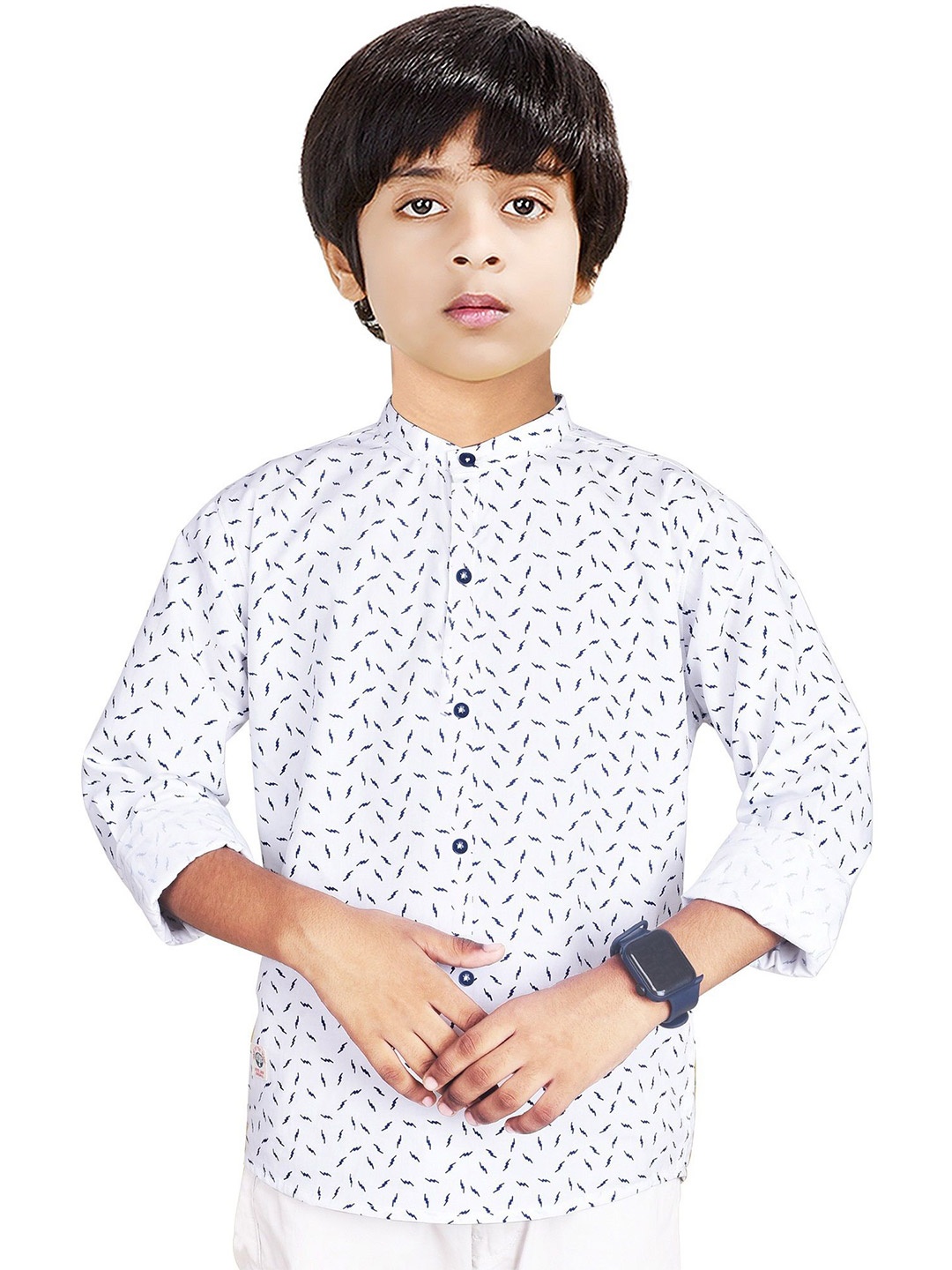 

MADE IN THE SHADE Boys Band Collar Abstract Printed Cotton Casual Shirt, White