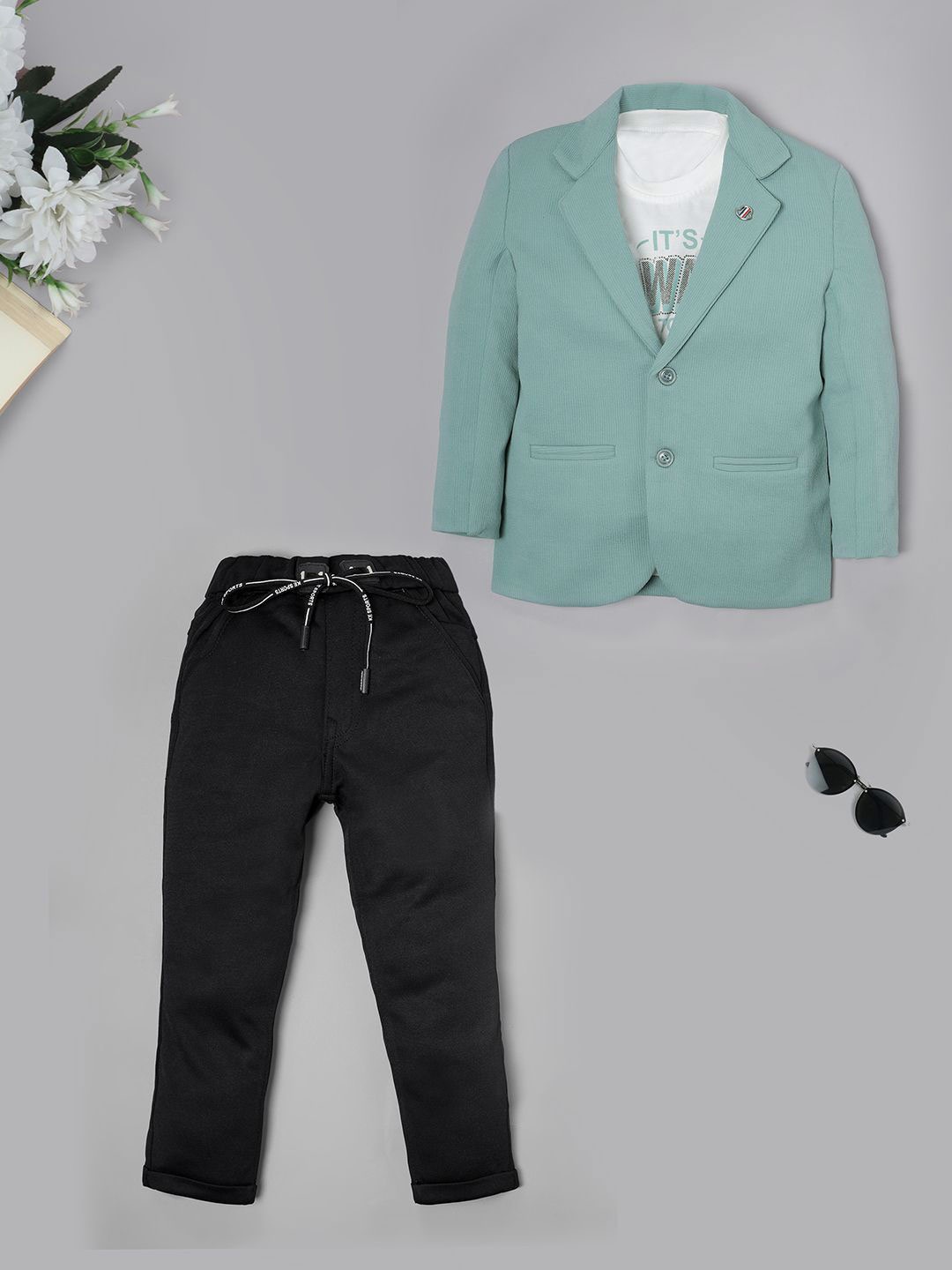 

Ridokidz Boys Single-Breasted Notched Lapel Blazers With Printed T-Shirt, Sea green