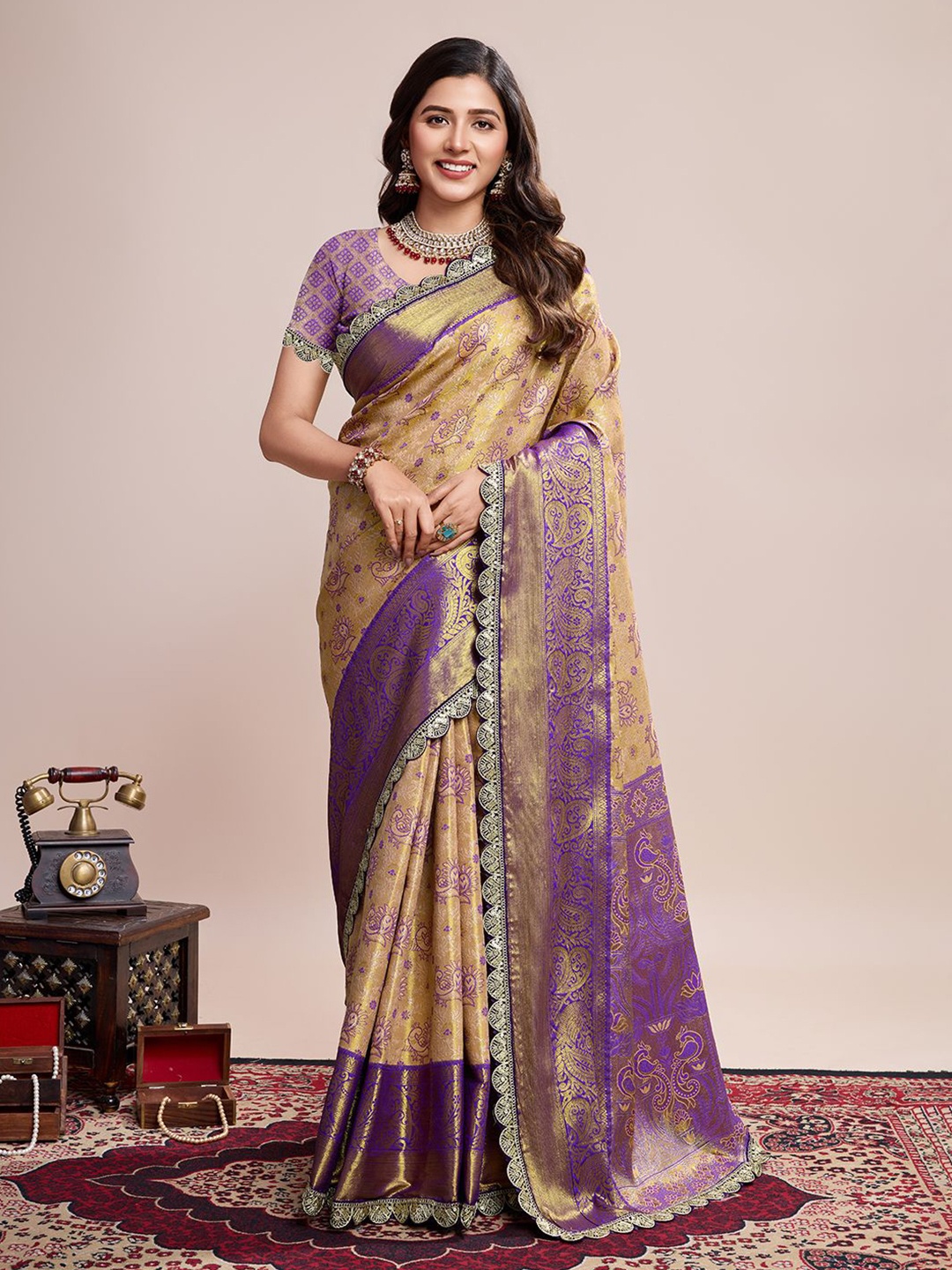 

Munir Woven Design Zari Kanjeevaram Saree, Yellow