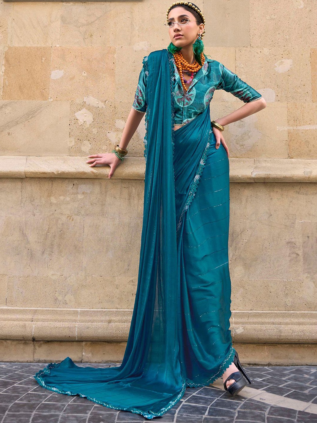 

SANSKAR Sequinned Satin Saree, Teal