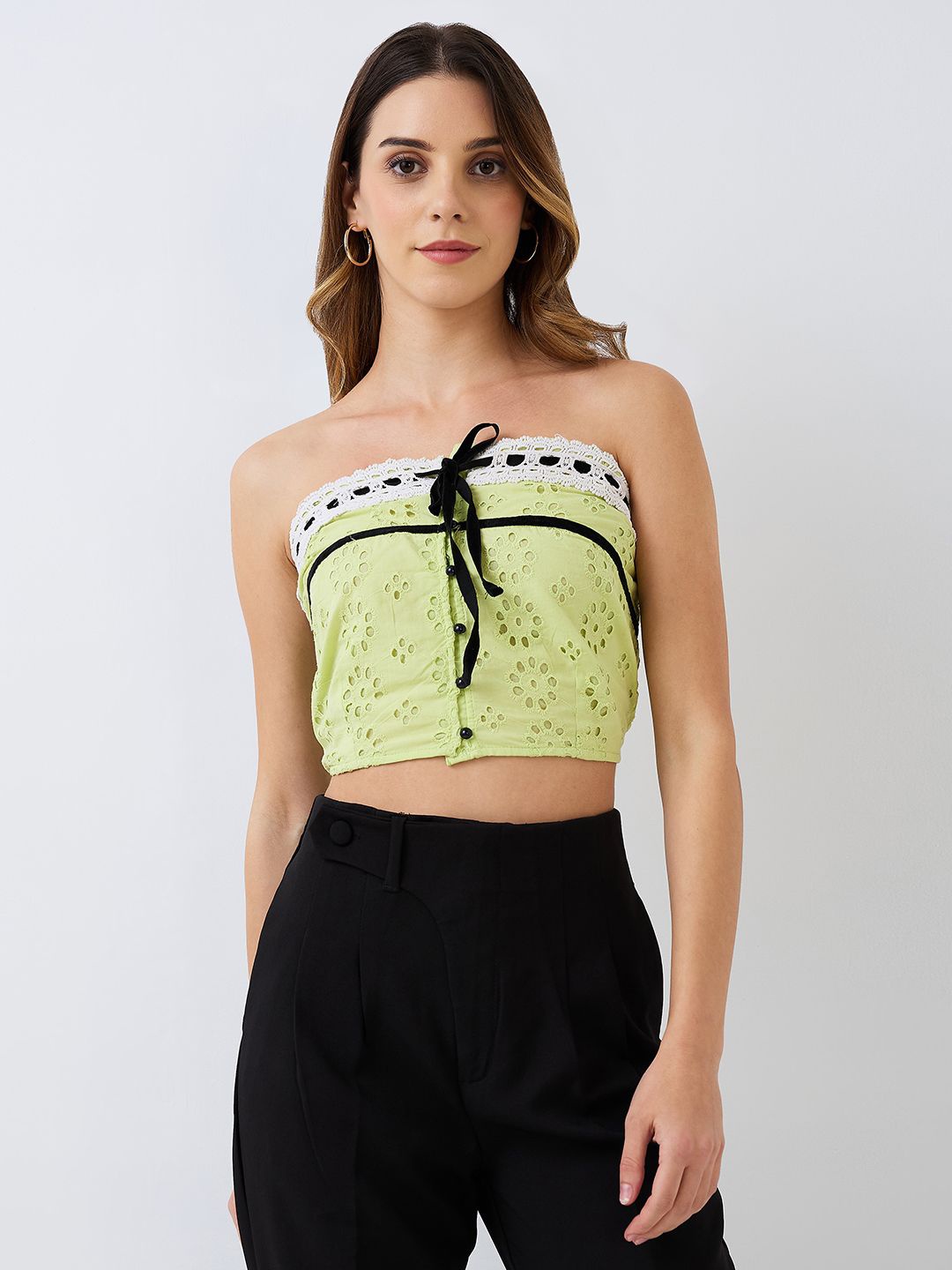 

HERE&NOW Women Embroidered Strapless Cotton Schiffli Crop Top, Yellow