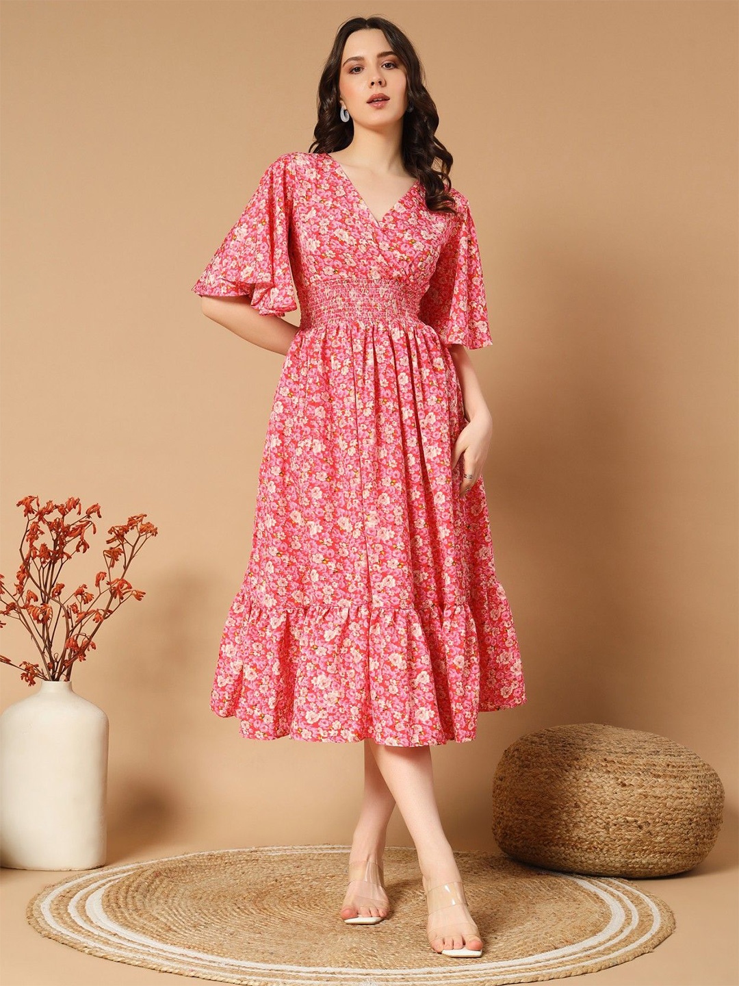 

Krunal Raiyani Floral Printed Flared Sleeves Crepe Fit & Flare Midi Dress, Peach