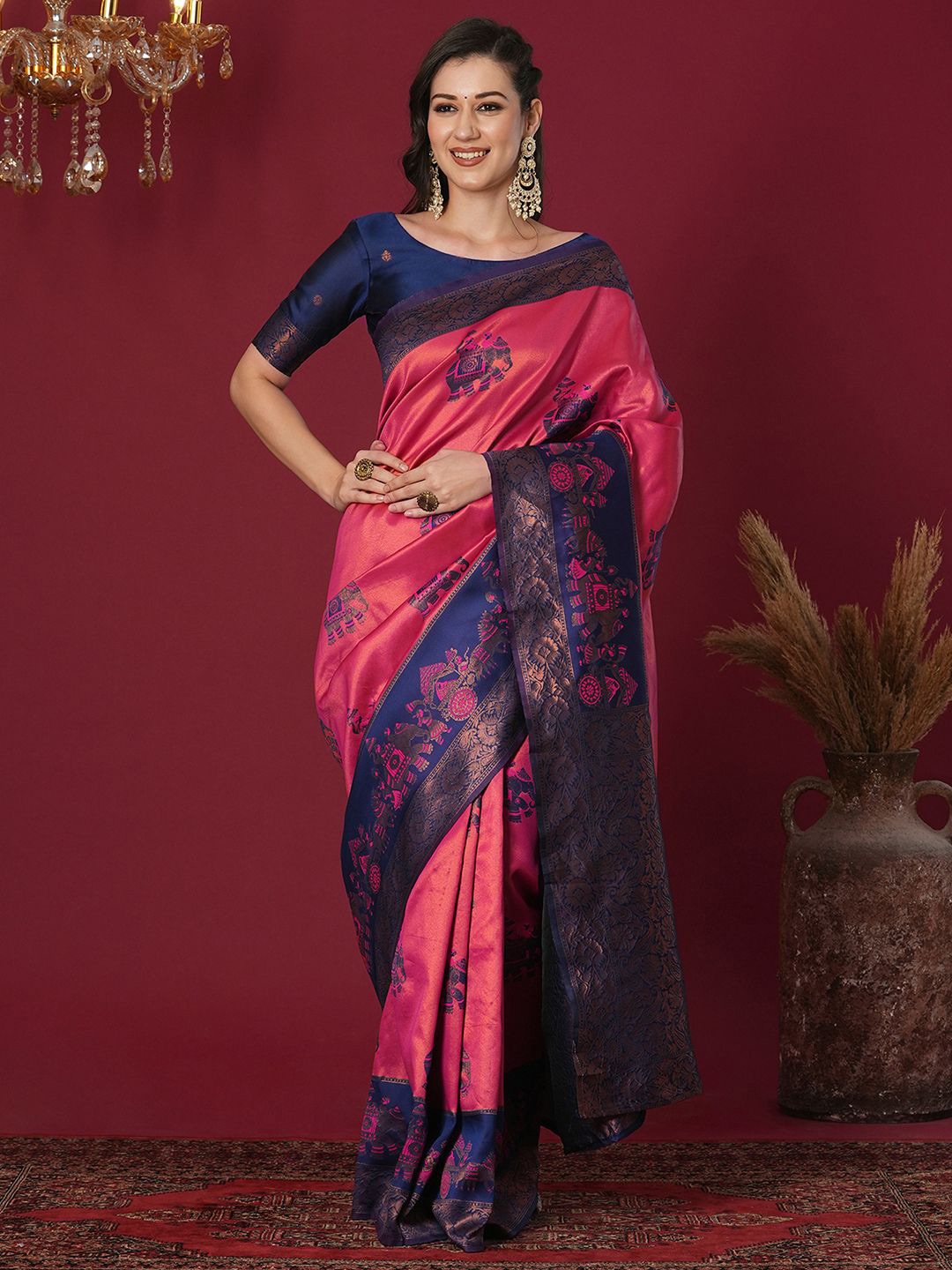 

Satrani Woven Design Zari Banarasi Saree, Pink