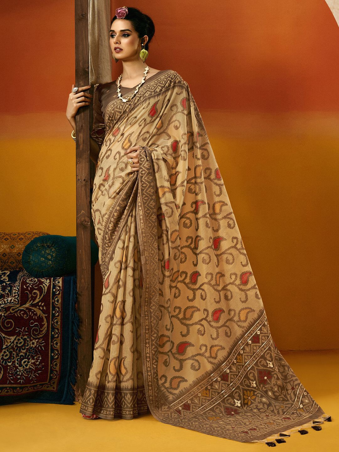 

Mitera Woven Design Zari Ikat Saree, Beige