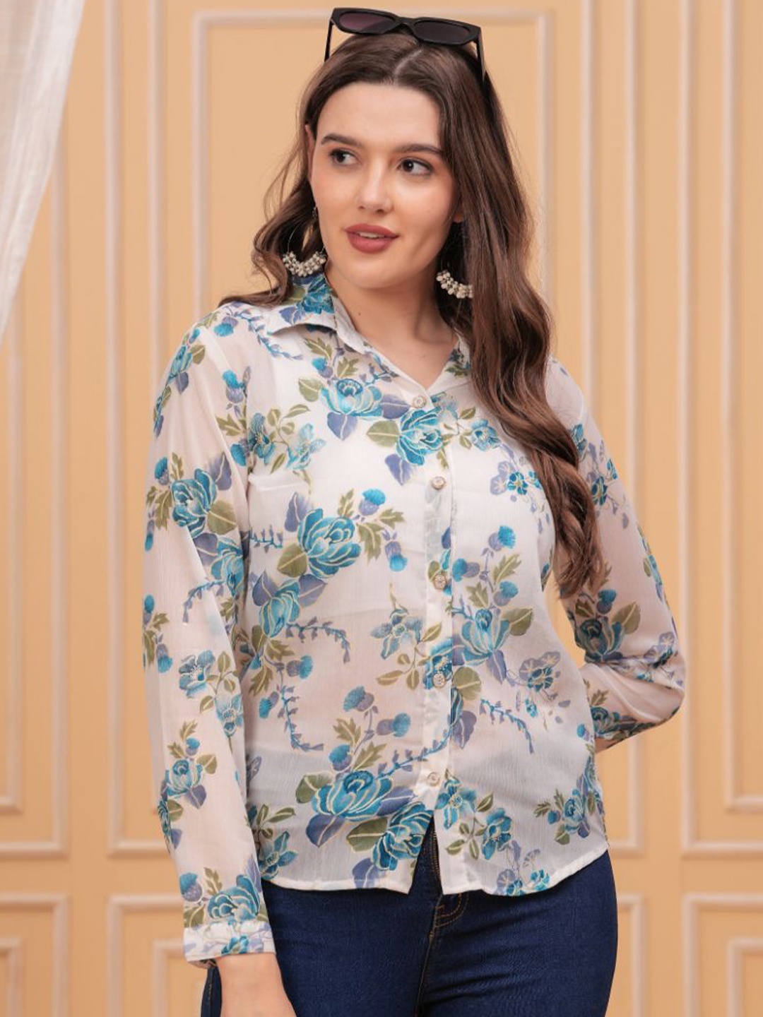 

KALINI Women Straight Fit Wrinkle Free Floral Printed Casual Shirt, Beige