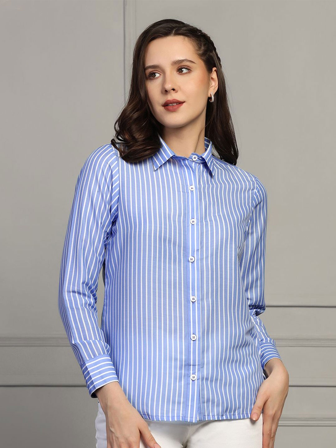 

Moda Rapido Women Spread Collar Vertical Striped Formal Shirt, Blue