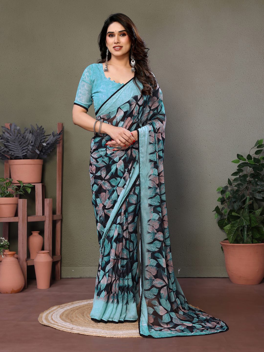 

VILLAGIUS Floral Printed Pure Georgette Block Print Saree, Sea green