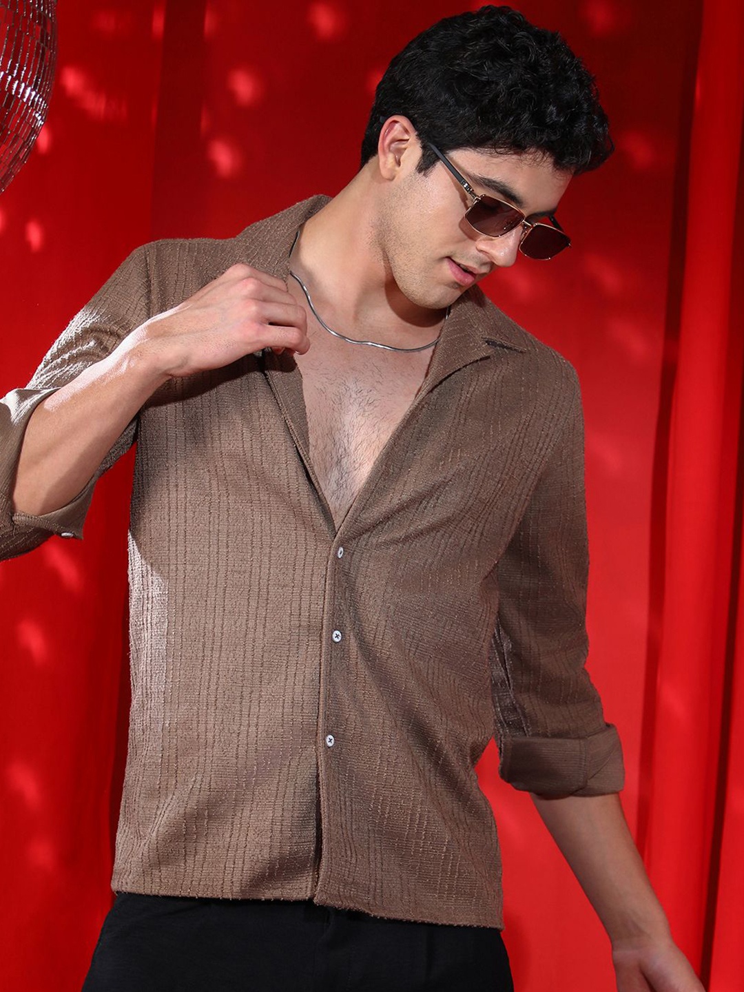 

Campus Sutra Men Comfort Fit Cuban Collar Textured Casual Shirt, Brown
