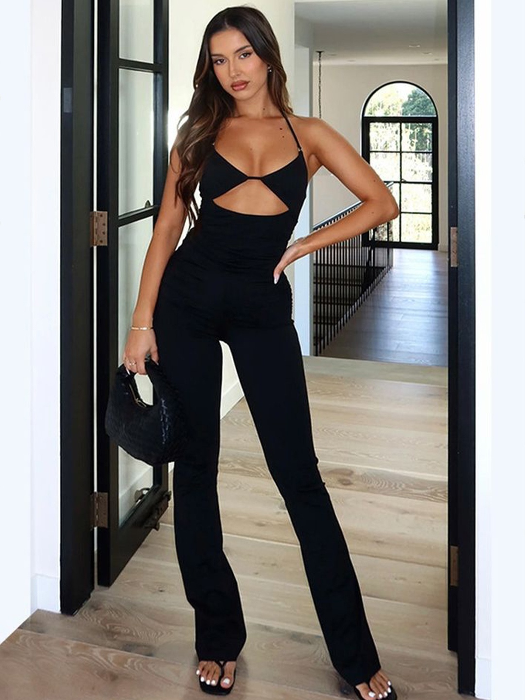 

LULU & SKY Women Halter Neck Basic Jumpsuit Cut-out Detail, Black