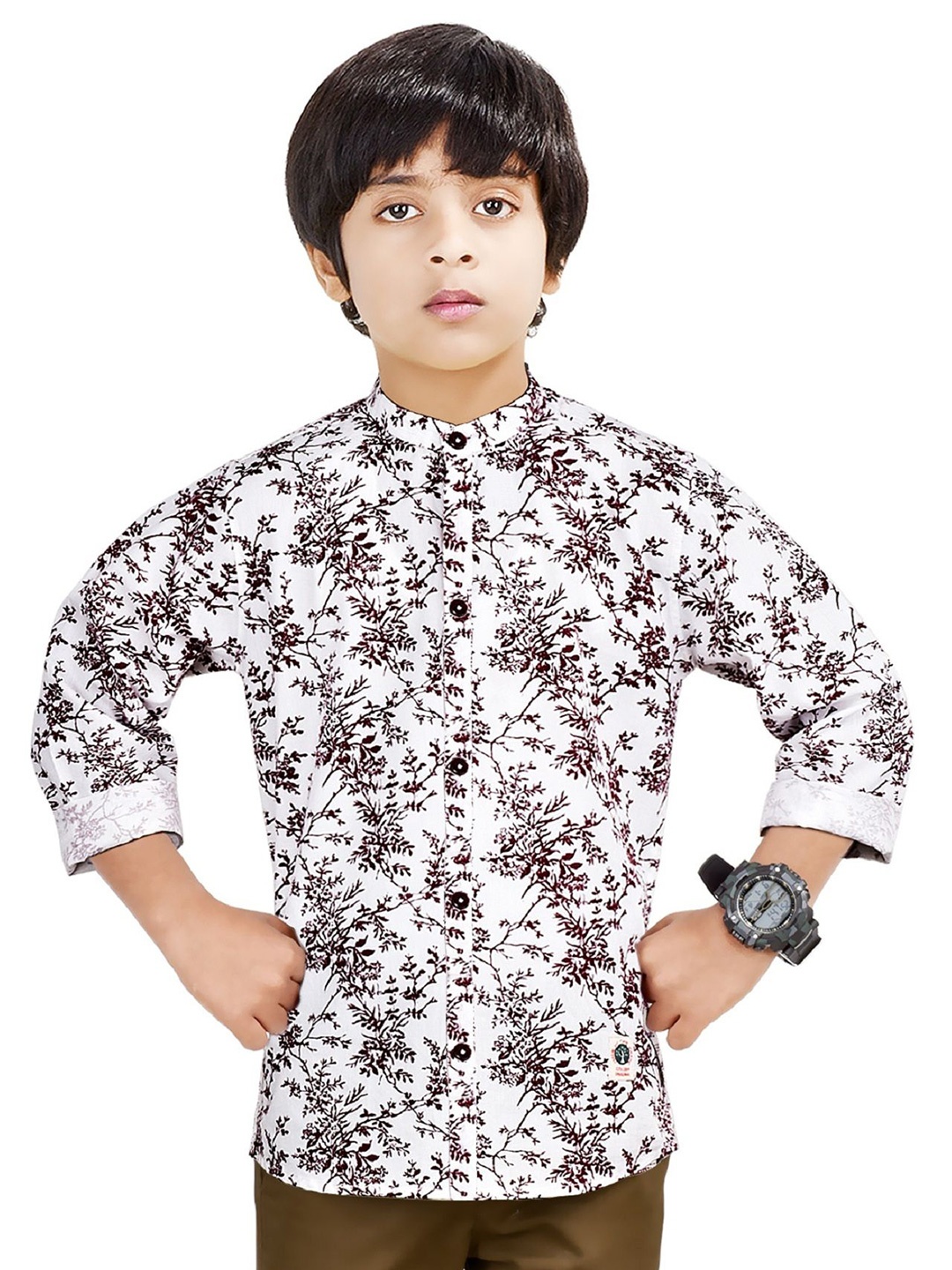 

MADE IN THE SHADE Boys Band Collar Floral Printed Cotton Casual Shirt, White