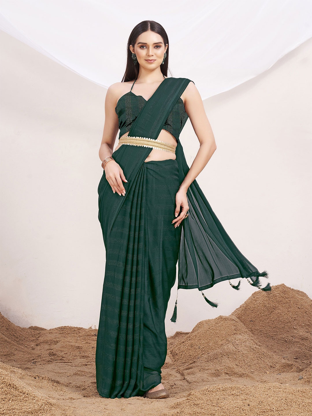 

Tikhi Imli Striped Satin Belted Saree, Green