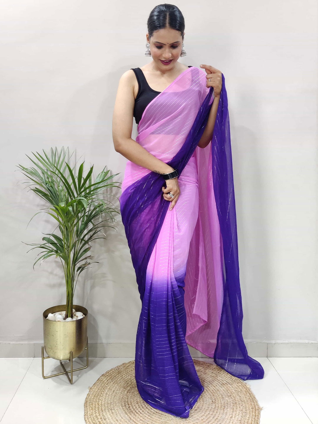 

DIVASTRI Leheriya Pure Chiffon Ready to Wear Jamdani Saree, Purple