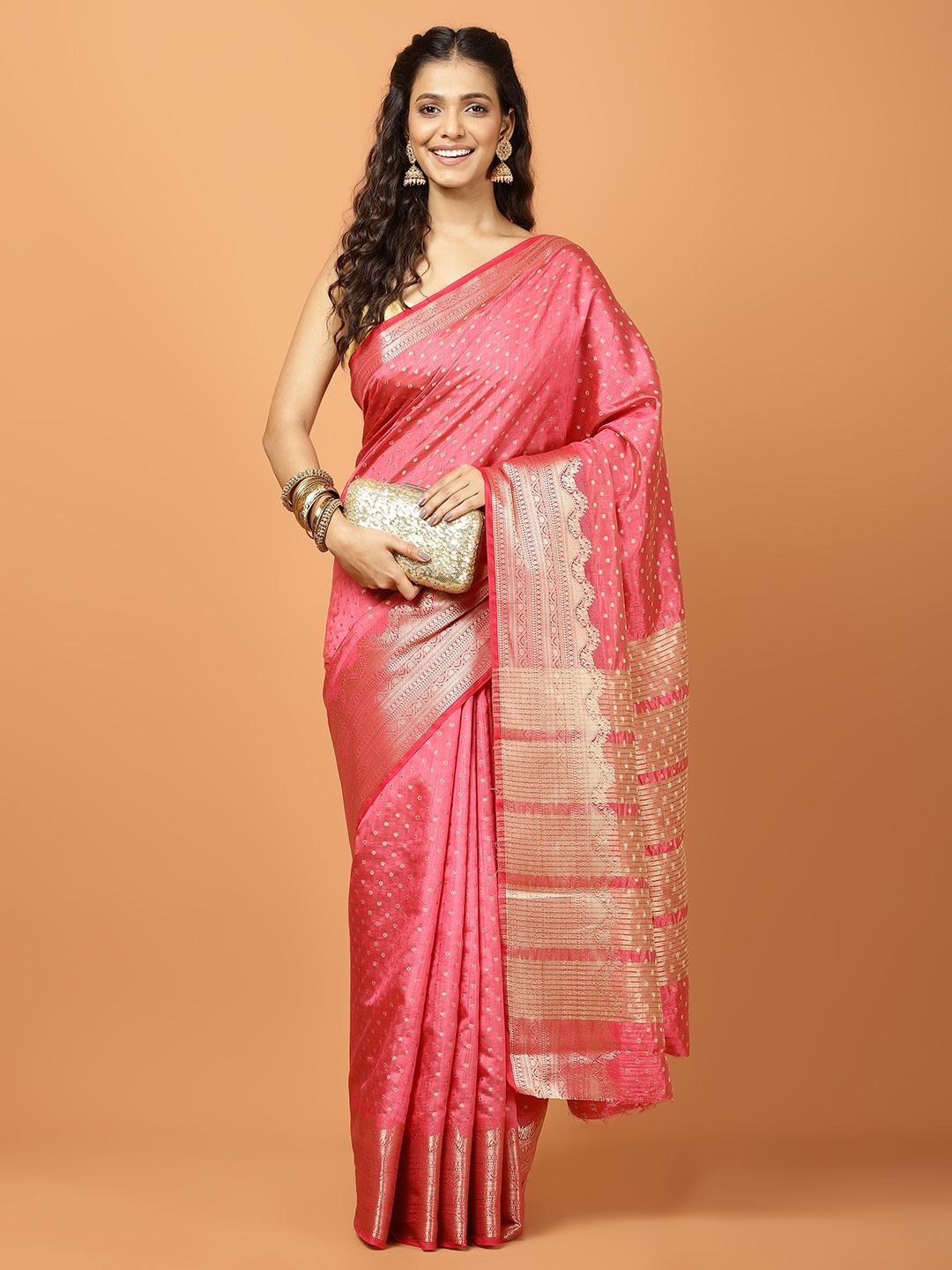 

Meena Bazaar Woven Design Saree, Pink