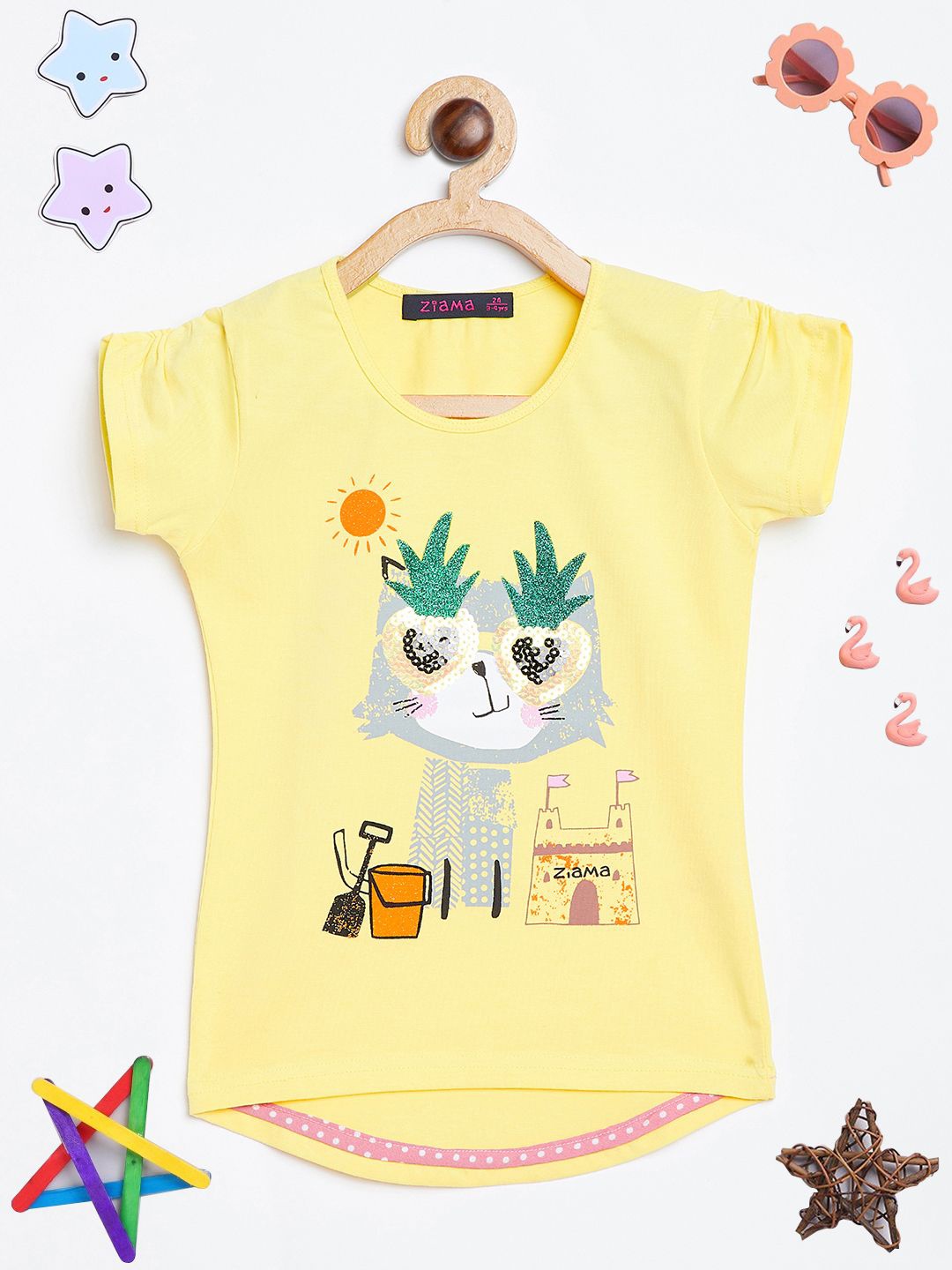 

PAMPOLINA Girls Graphic Printed Regular Fit Tshirts, Yellow