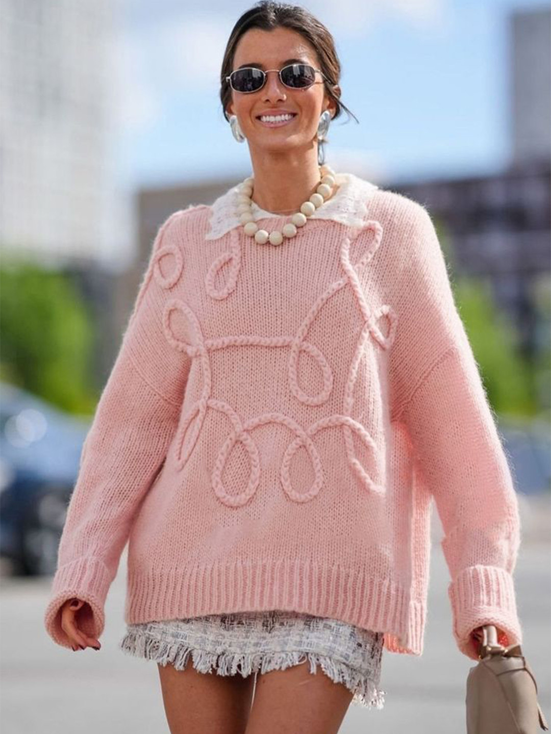 

LULU & SKY Women Cable Knit Oversized Sweaters, Pink