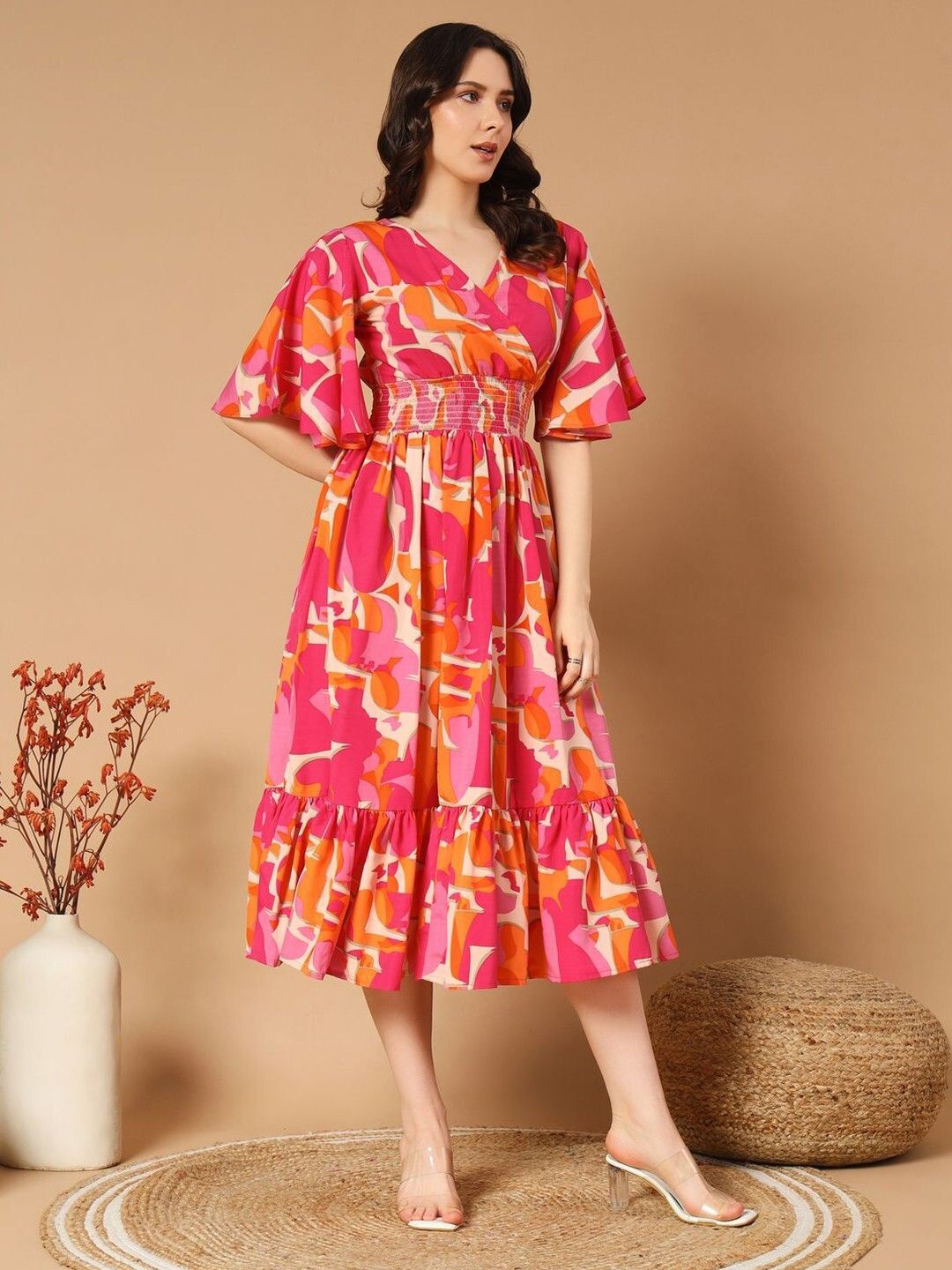 

Krunal Raiyani Women Print Bell Sleeve Applique Crepe Fit & Flare Maxi Dress, Orange