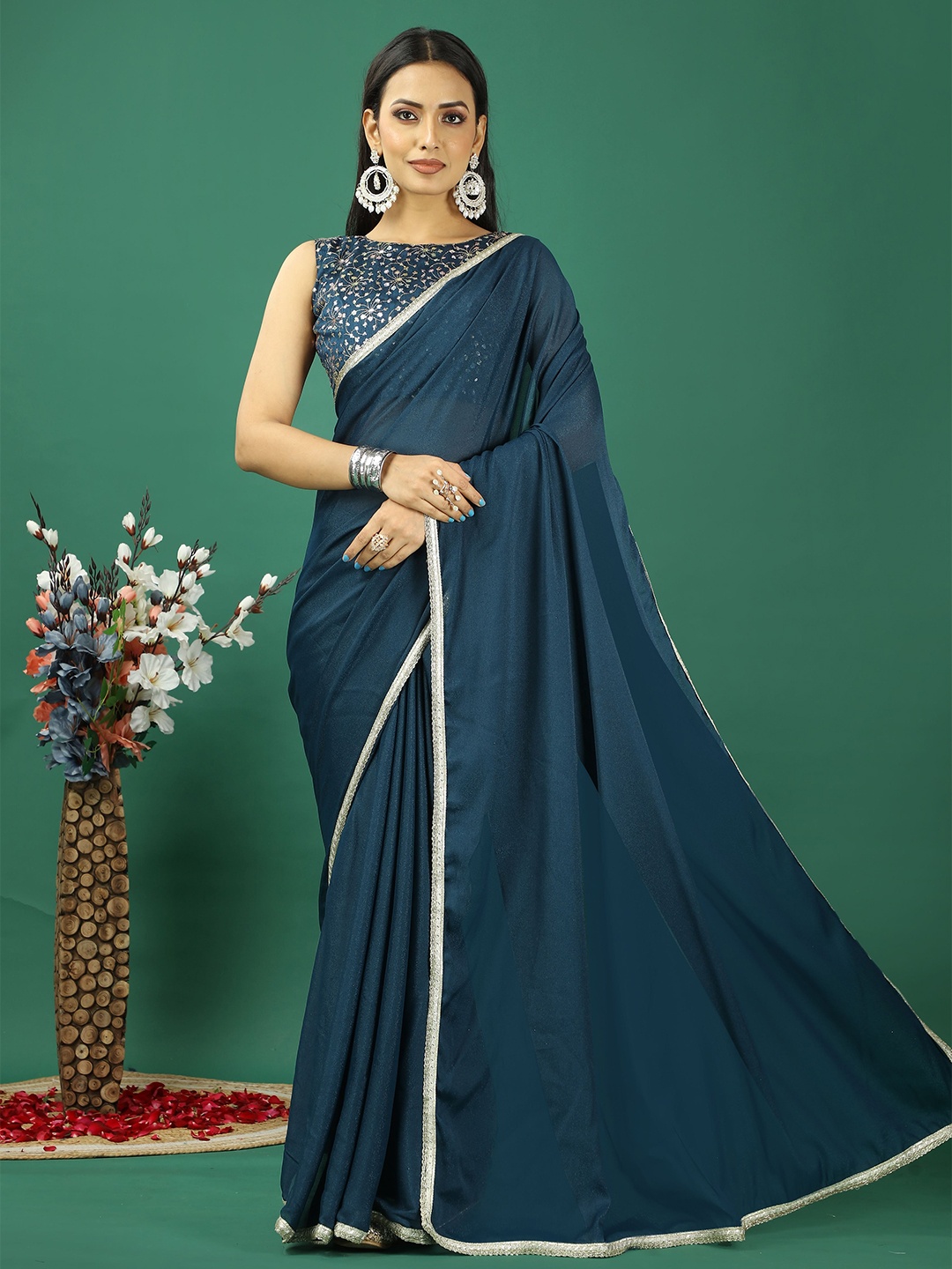 

KAYOMMI Satin Banarasi Saree, Teal