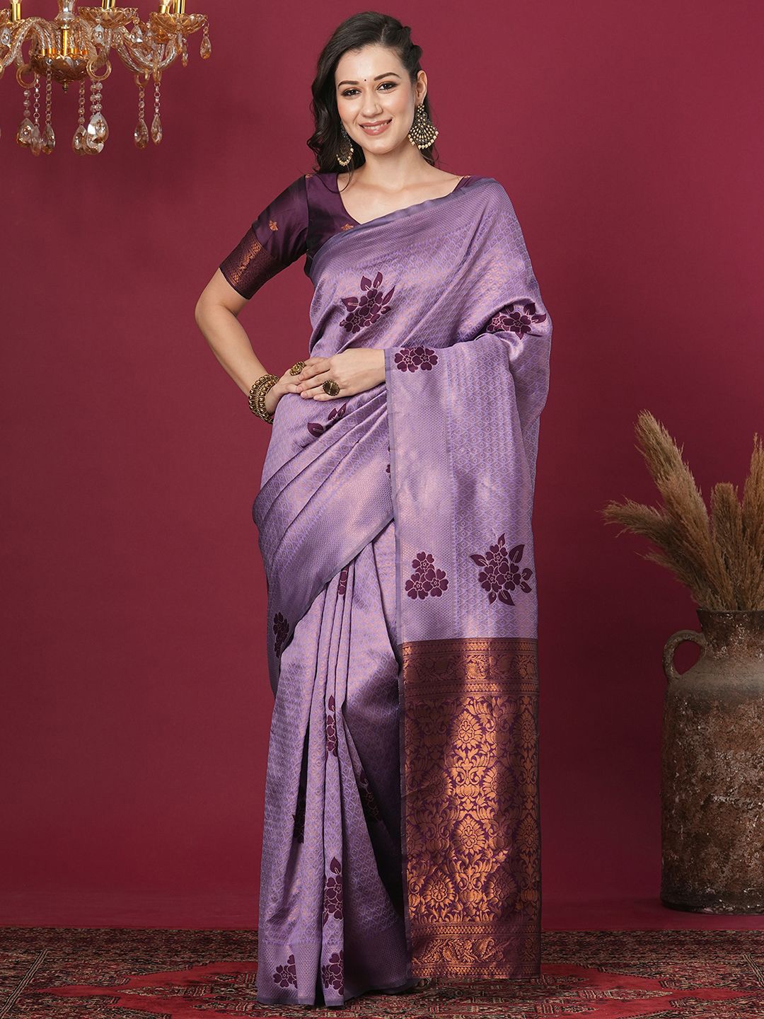 

Satrani Woven Design Ethnic Motifs Banarasi Saree, Lavender