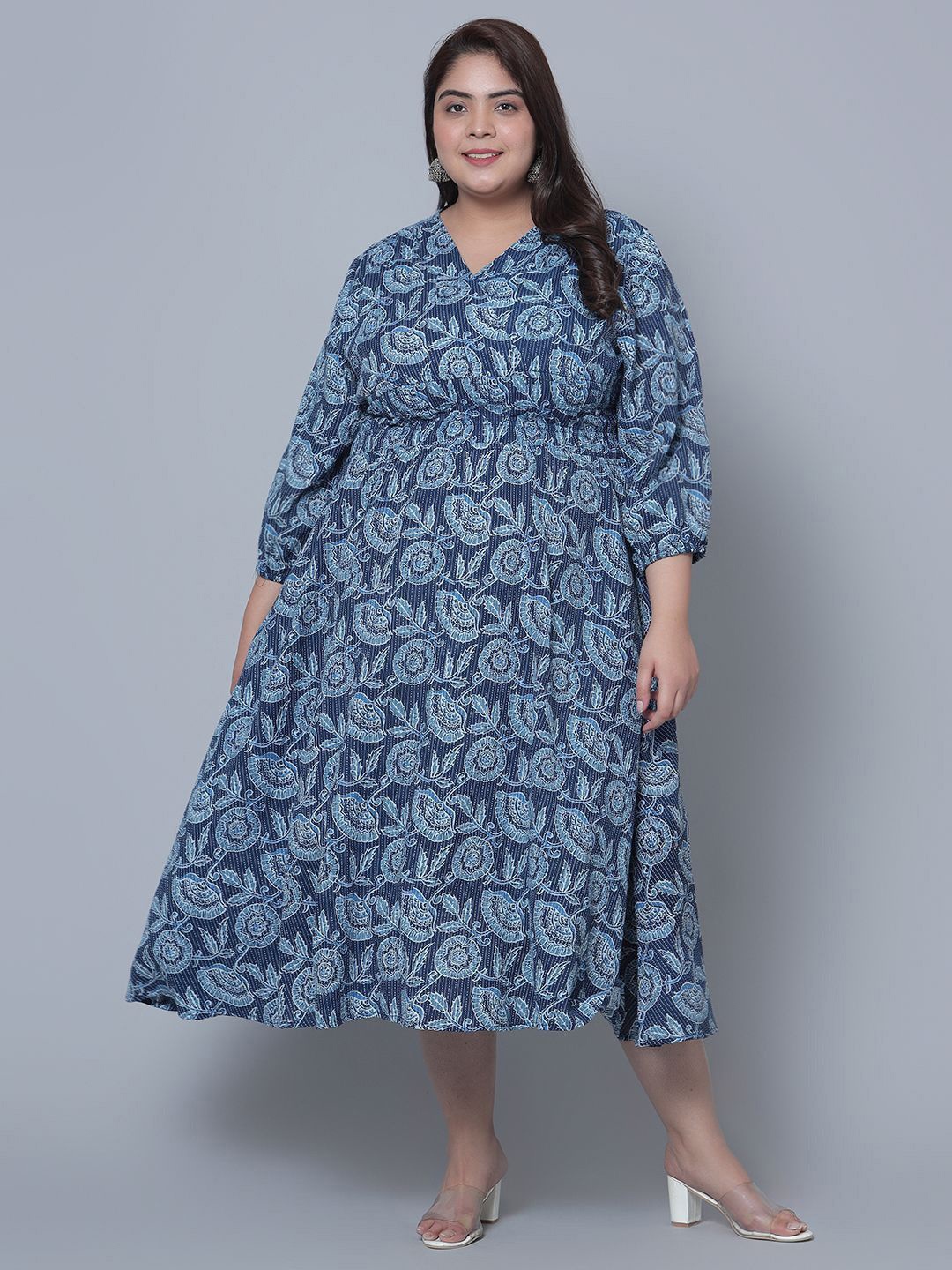 

Raiyani Enterprise Women Floral Printed Crepe Fit & Flare Midi Dress, Blue