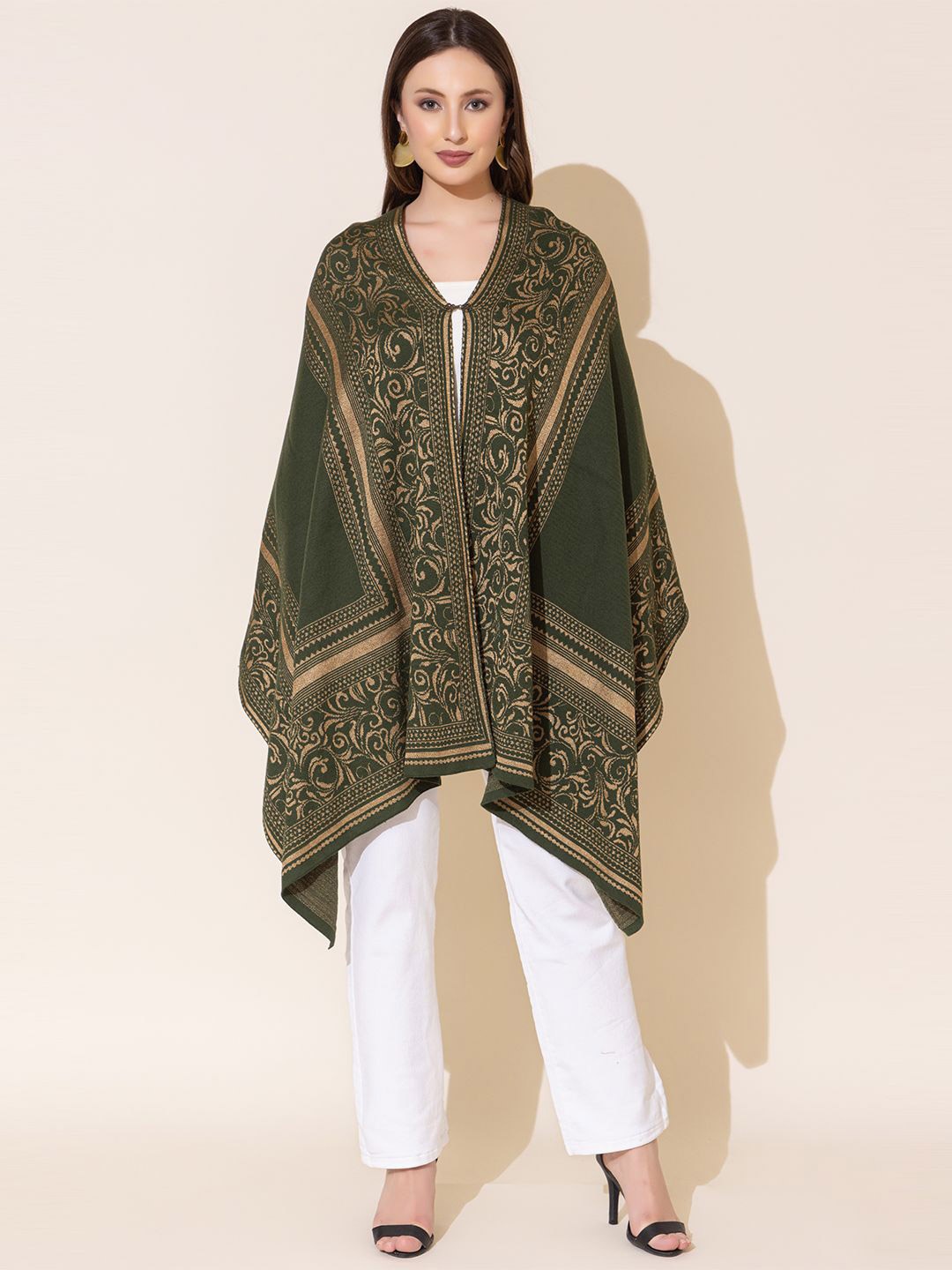 

KEIKO Ethnic Printed Open Front Longline Shrug, Olive