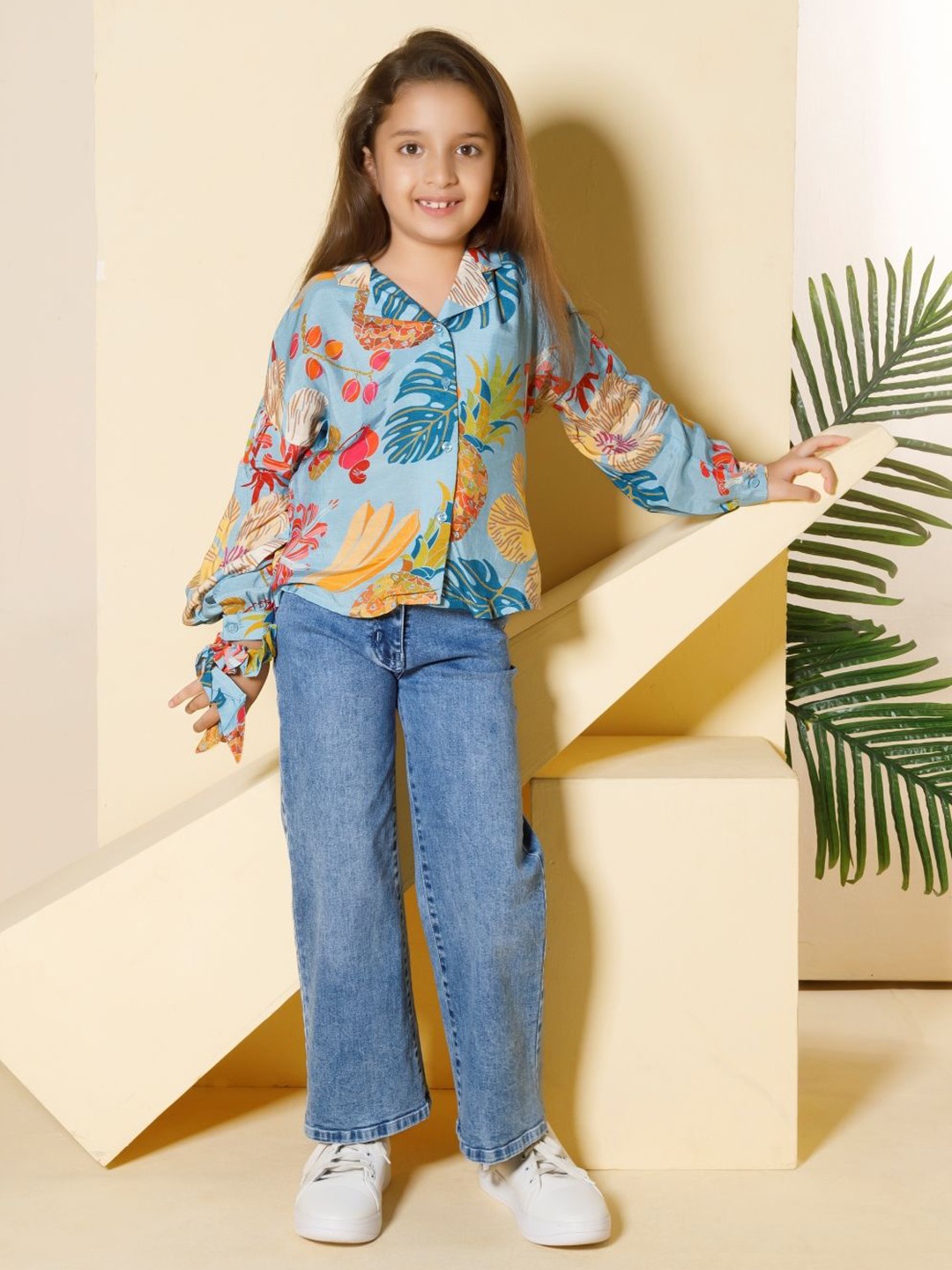 

Peppermint Girls Tropical Printed Cuffed Sleeve Cotton Top, Blue
