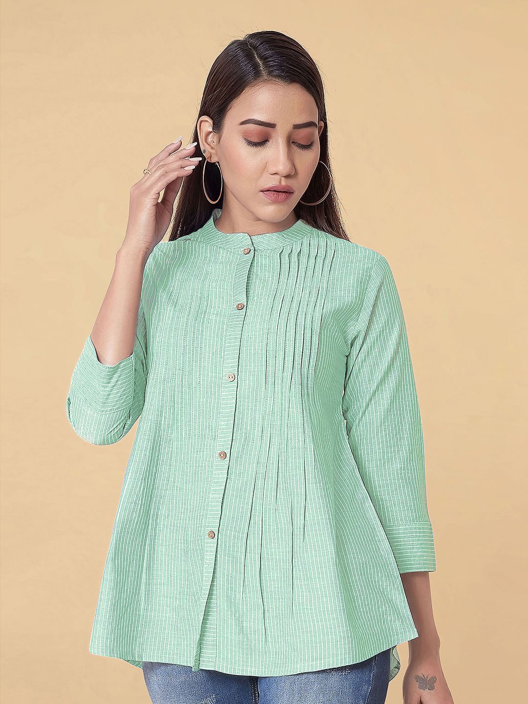 

Moda Rapido Striped Mandarin Collar Pleated Cotton Shirt Style Top, Green