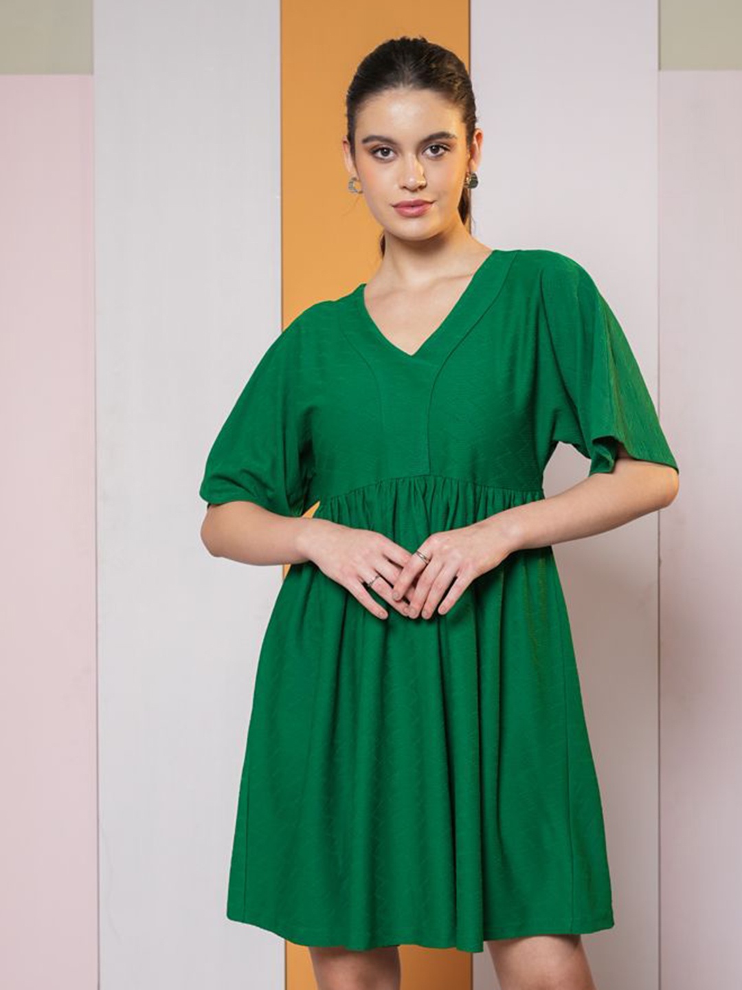 

PURVAJA Women Kimono Sleeve A-Line Dress, Green