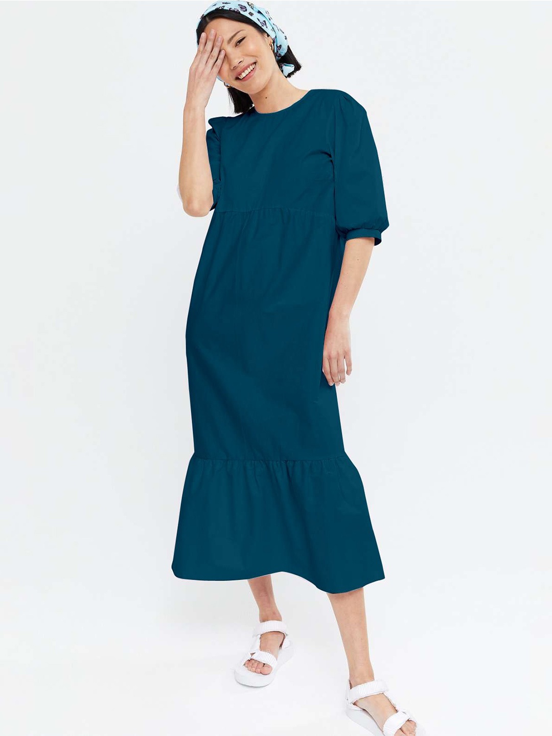 

Krunal Raiyani Women Puff Sleeves A-Line Dress, Teal