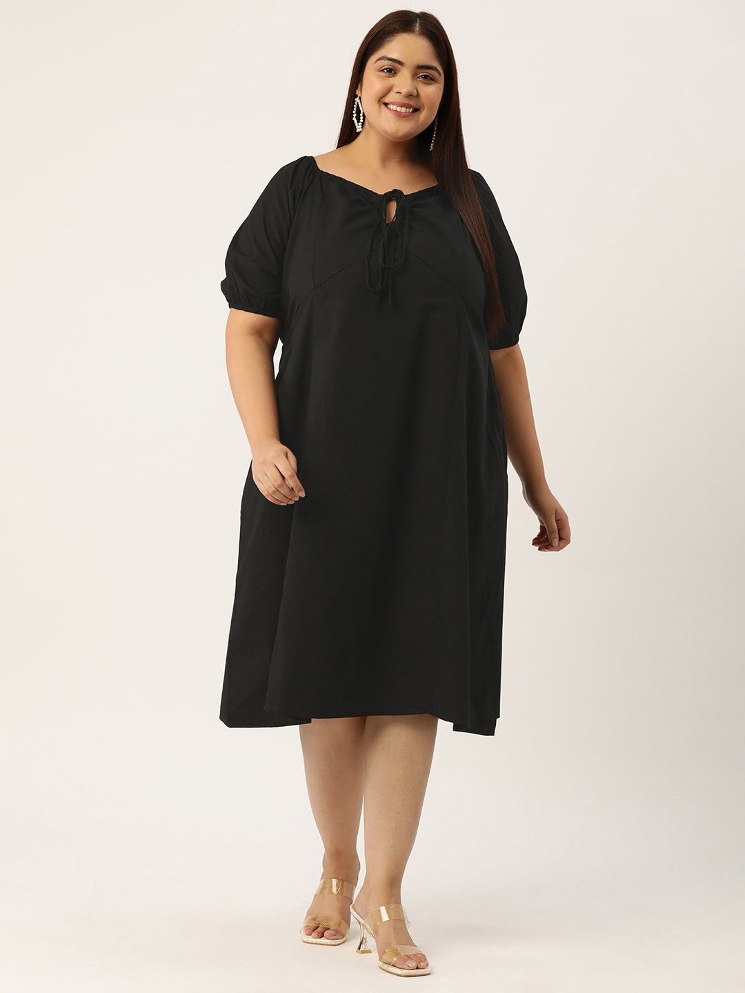 

theRebelinme Plus Size Tie-Up Neck Puff Sleeve Pure Cotton A-Line Dress, Black