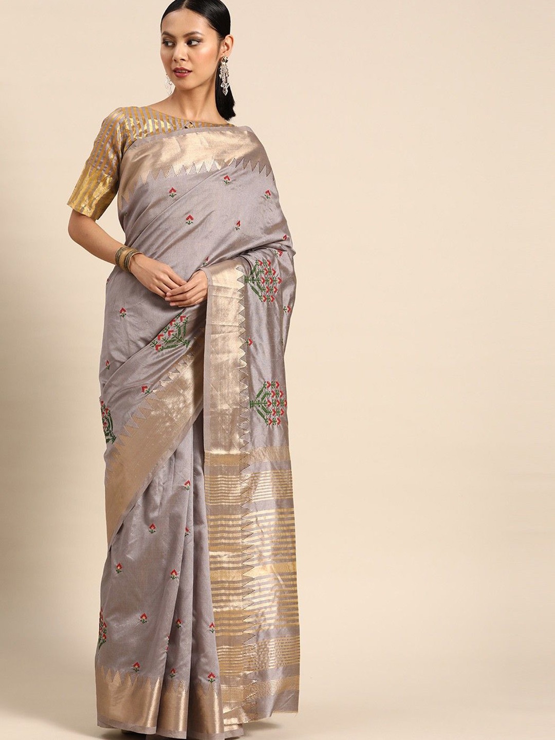 

KAVINDI Floral Embroidered Saree, Grey