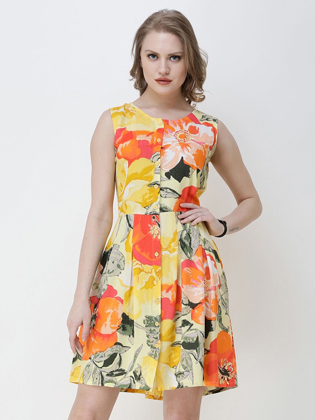 

BAESD Women Floral Printed Fit & Flare Dress, Yellow
