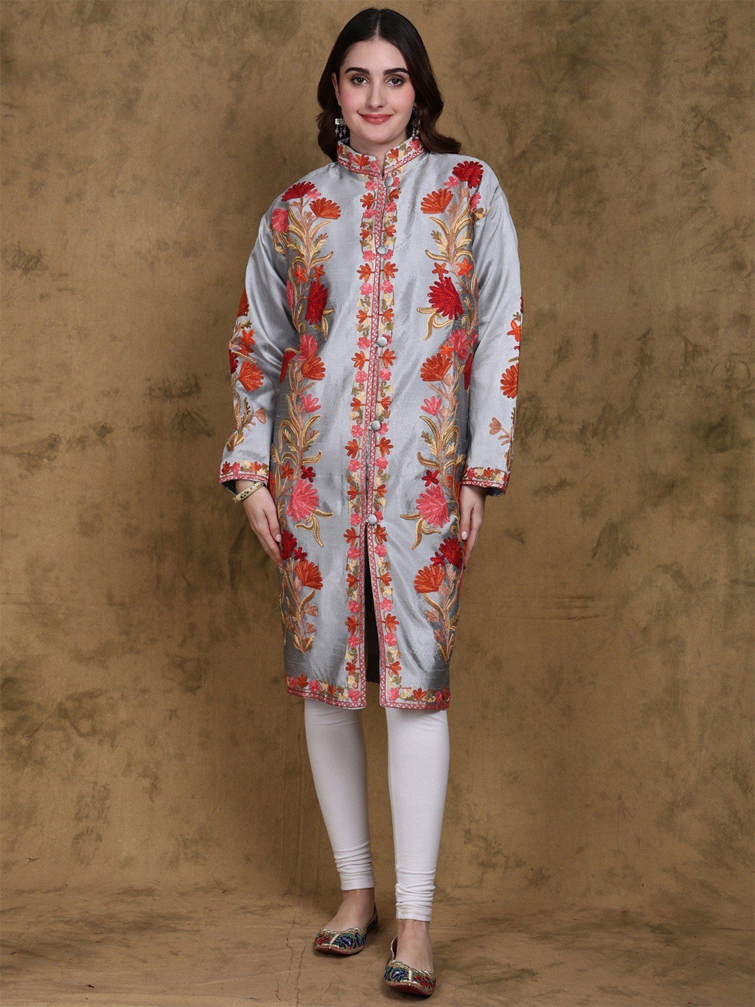 

Exotic India Mandarin Collar Kashmiri Long Jacket with Aari Embroidered Giant Floral Vine, Grey