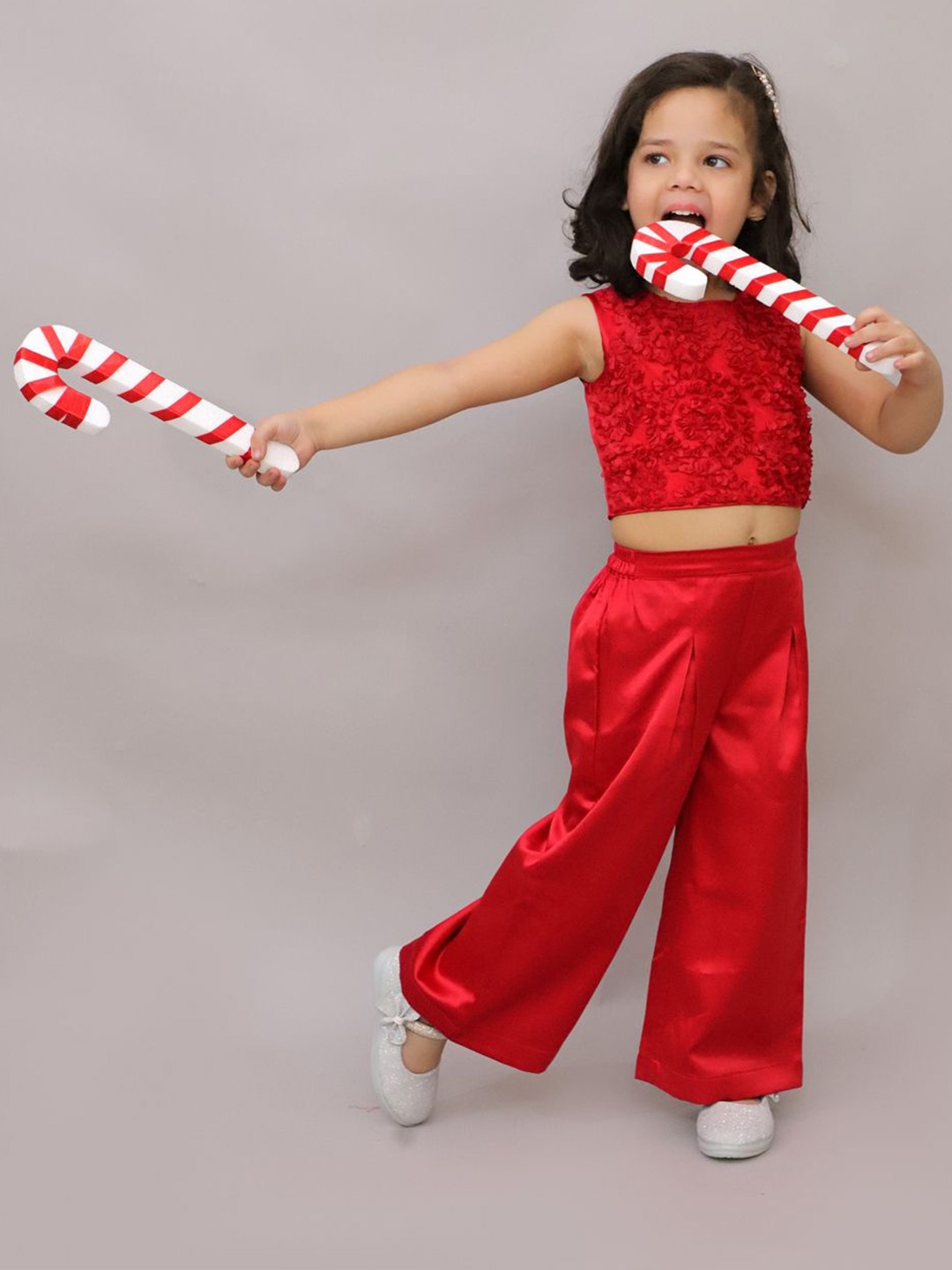 

LIL DRAMA Girls Self Design Pure Cotton Top With Trousers, Red