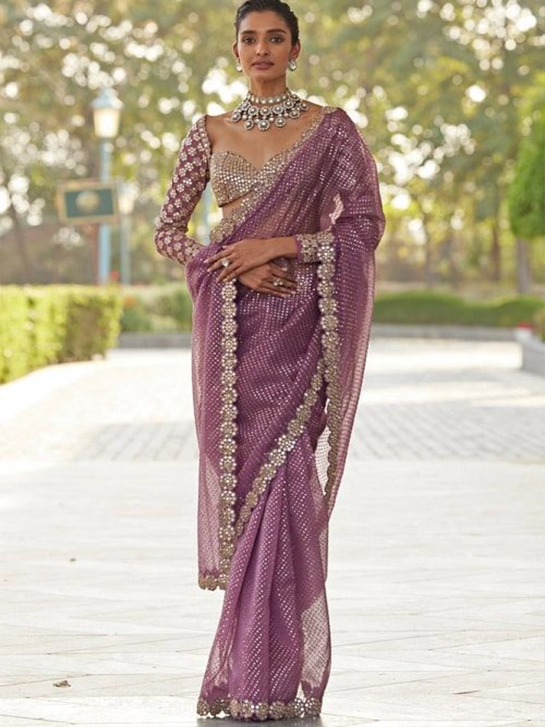 

Fashion Ritmo Embellished Mirror Work Saree, Pink